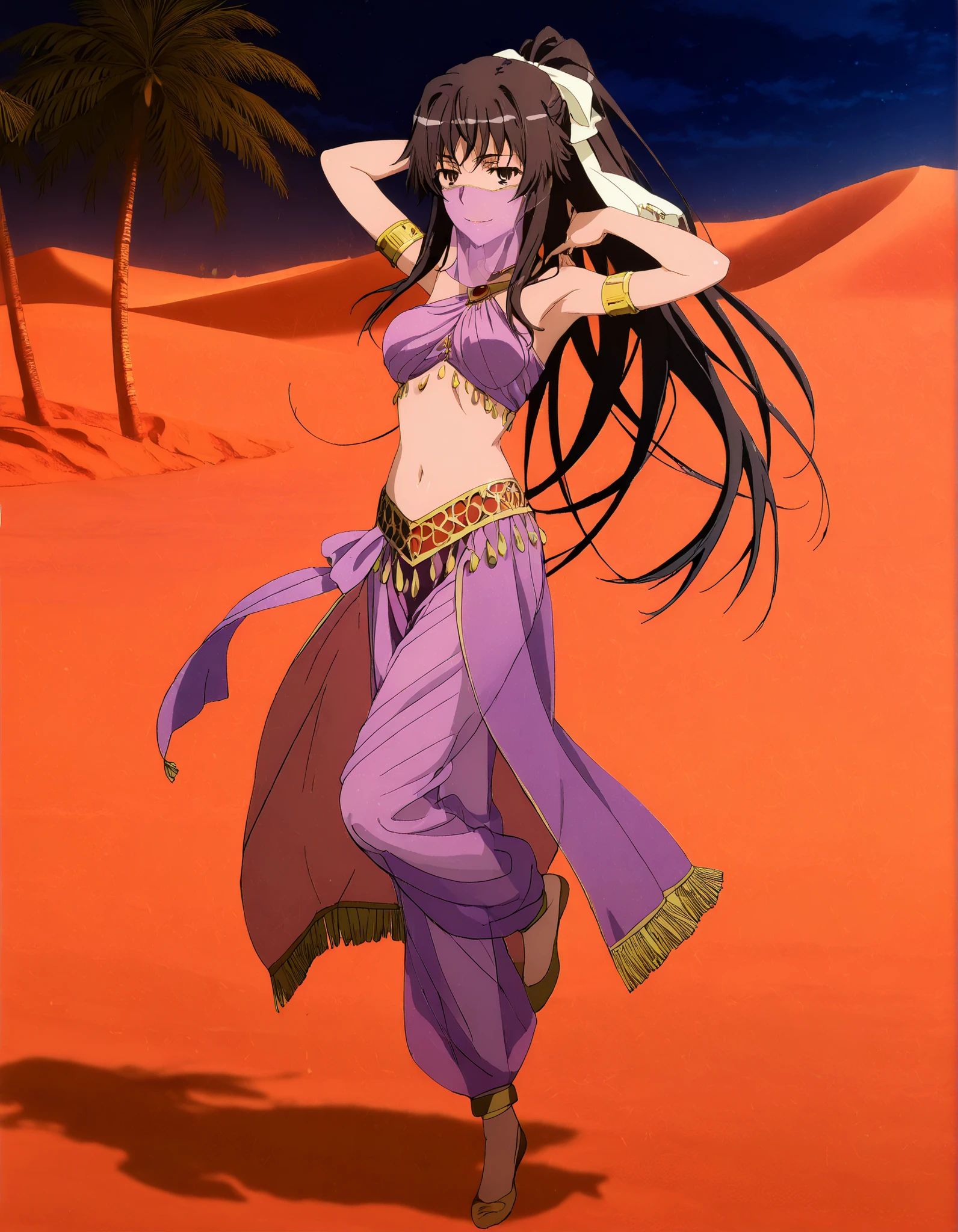 (1girl:1 . 5) , (Seul:1 . 5) , score_9 , score_8_haut , score_7_haut , source_anime , Official work , ultra-detailed , masterpiece , better quality , high resolution , beaux yeux , detailed eyes , Detailed face , beautiful detailed eyes, black hair, long hair,ribbon,ponytail,very long hair ,brown eyes,Toaru Kagaku no Railgun,Kaori Kanzaki,Arabian Clothes , Arabian Dancer Outfit ,belly dancer costume,belly dancer outfit ,full body,golden jewelery,mouth veil,armlet, belly dancing,night,desert lands,palm tree,seductive smile, dancing with veil, dynamic movement,dance posture, seductive pose