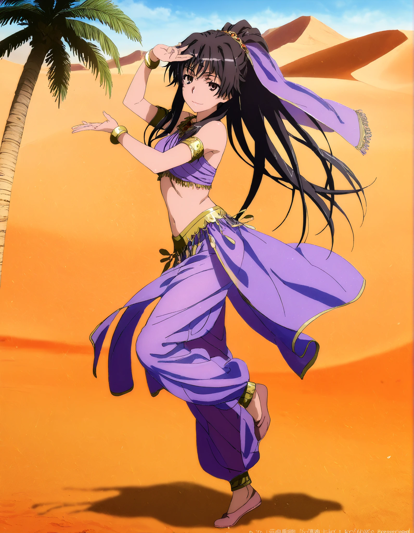 (1girl:1 . 5) , (Seul:1 . 5) , score_9 , score_8_haut , score_7_haut , source_anime , Official work  , ultra-detailed , masterpiece , better quality , high resolution , beaux yeux , detailed eyes , Detailed face , beautiful detailed eyes, black hair, long hair,ribbon,ponytail,very long hair ,brown eyes,Toaru Kagaku no Railgun,Kaori Kanzaki,Arabian Clothes , Arabian Dancer Outfit ,belly dancer costume,belly dancer outfit ,full body,golden jewelery,armlet, belly dancing,desert lands,palm tree,seductive smile, dancing with veil, dynamic movement,dance posture, seductive pose
