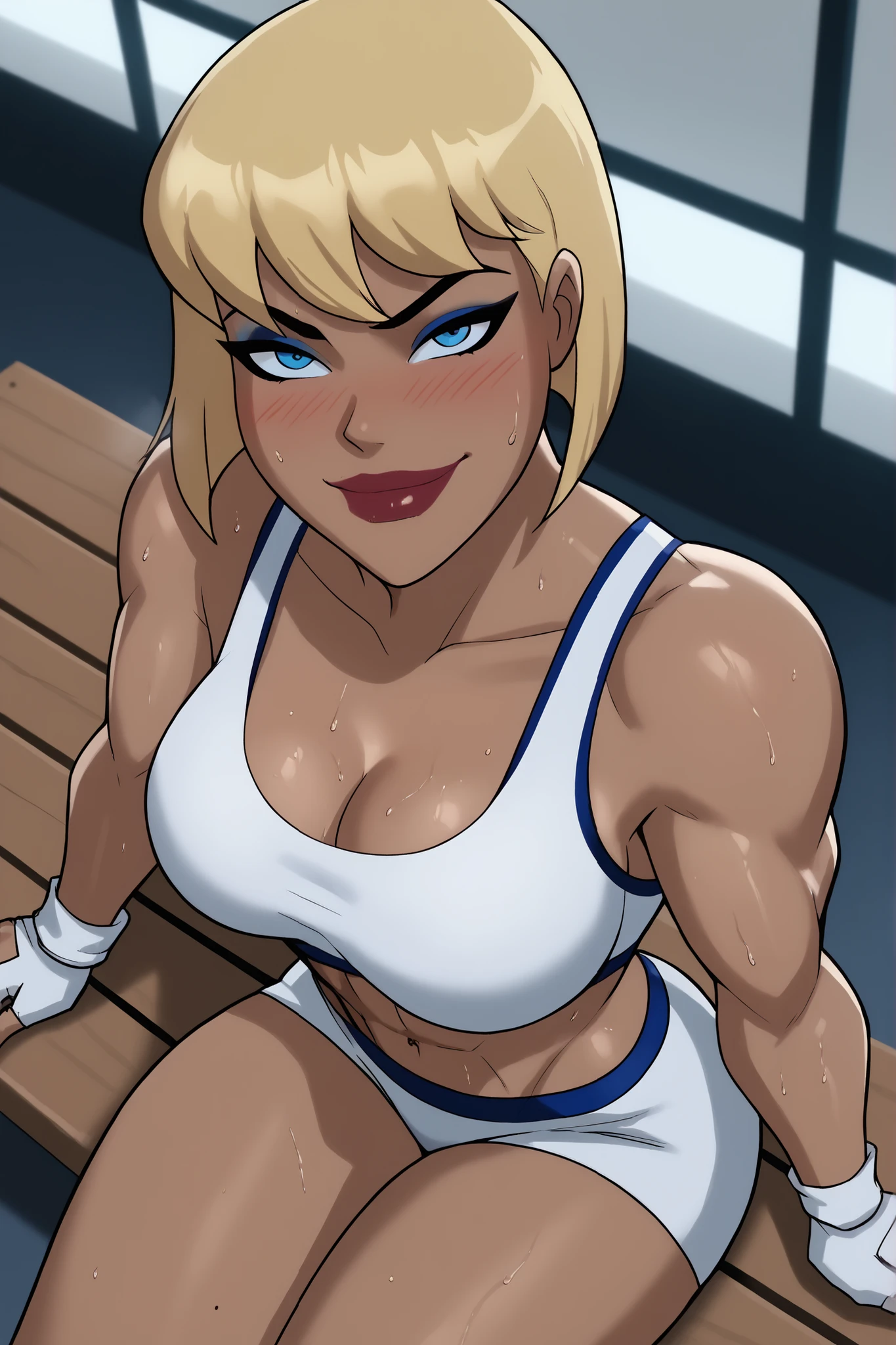 BREAK, score_6_up, score_7_up, score_8_up, score_9, g4l4t3a, 1girl, solo, short hair, bangs, blue eyes, blonde hair, lipstick, makeup, dark skin, dark-skinned female, large breasts, busty, cleavage, curvy, athletic, muscular female, looking at viewer, seducing viewer, teasing viewer, seductive expression, smiling, closed mouth, bedroom eyes, white sports bra, white gym shorts, white fingerless gloves, indoors, gym, sitting on bench, closeup, portrait, upper body, high-angle view, blue eyeshadow, sweaty, sweat drops, blushing