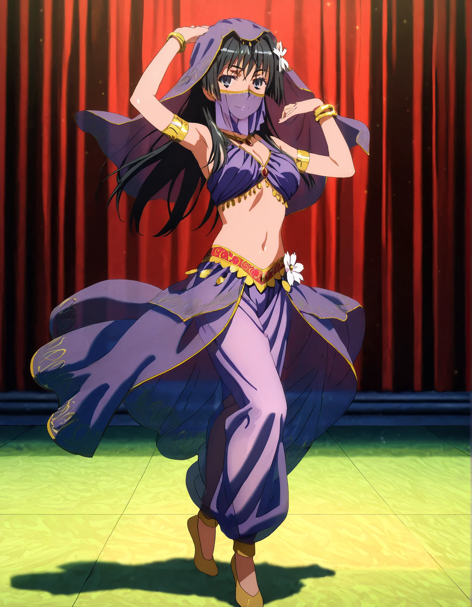 (1girl:1 . 5) , (Seul:1 . 5) , score_9 , score_8_haut , score_7_haut , source_anime , Official work , ultra-detailed , masterpiece , better quality , high resolution , beaux yeux , detailed eyes , Detailed face , beautiful detailed eyes,black hair, blue eyes, long hair, hair ornament, flower ornament,Toaru Kagaku no Railgun,Saten Ruiko,Arabian Clothes , Arabian Dancer Outfit ,belly dancer costume,belly dancer outfit ,full body,golden jewelery,mouth veil,armlet, belly dancing,arabian theater,seductive smile, dancing with veil, dynamic movement,dance posture, seductive pose