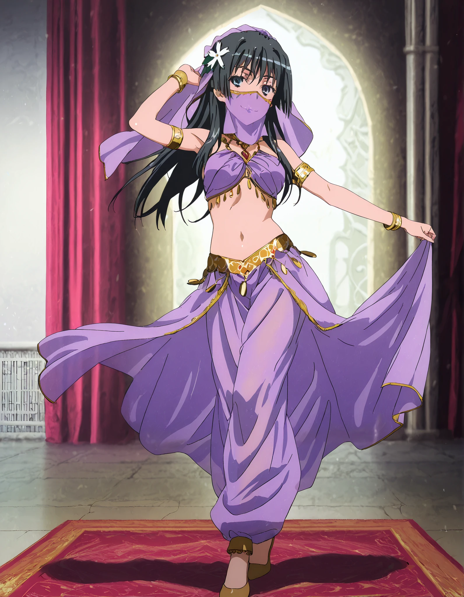 (1girl:1 . 5) , (Seul:1 . 5) , score_9 , score_8_haut , score_7_haut , source_anime , Official work , ultra-detailed , masterpiece , better quality , high resolution , beaux yeux , detailed eyes , Detailed face , beautiful detailed eyes,black hair, blue eyes, long hair, hair ornament, flower ornament,Toaru Kagaku no Railgun,Saten Ruiko,Arabian Clothes , Arabian Dancer Outfit ,belly dancer costume,belly dancer outfit ,full body,golden jewelery,mouth veil,armlet, belly dancing,arabian theater,seductive smile, dancing with veil, dynamic movement,dance posture, seductive pose