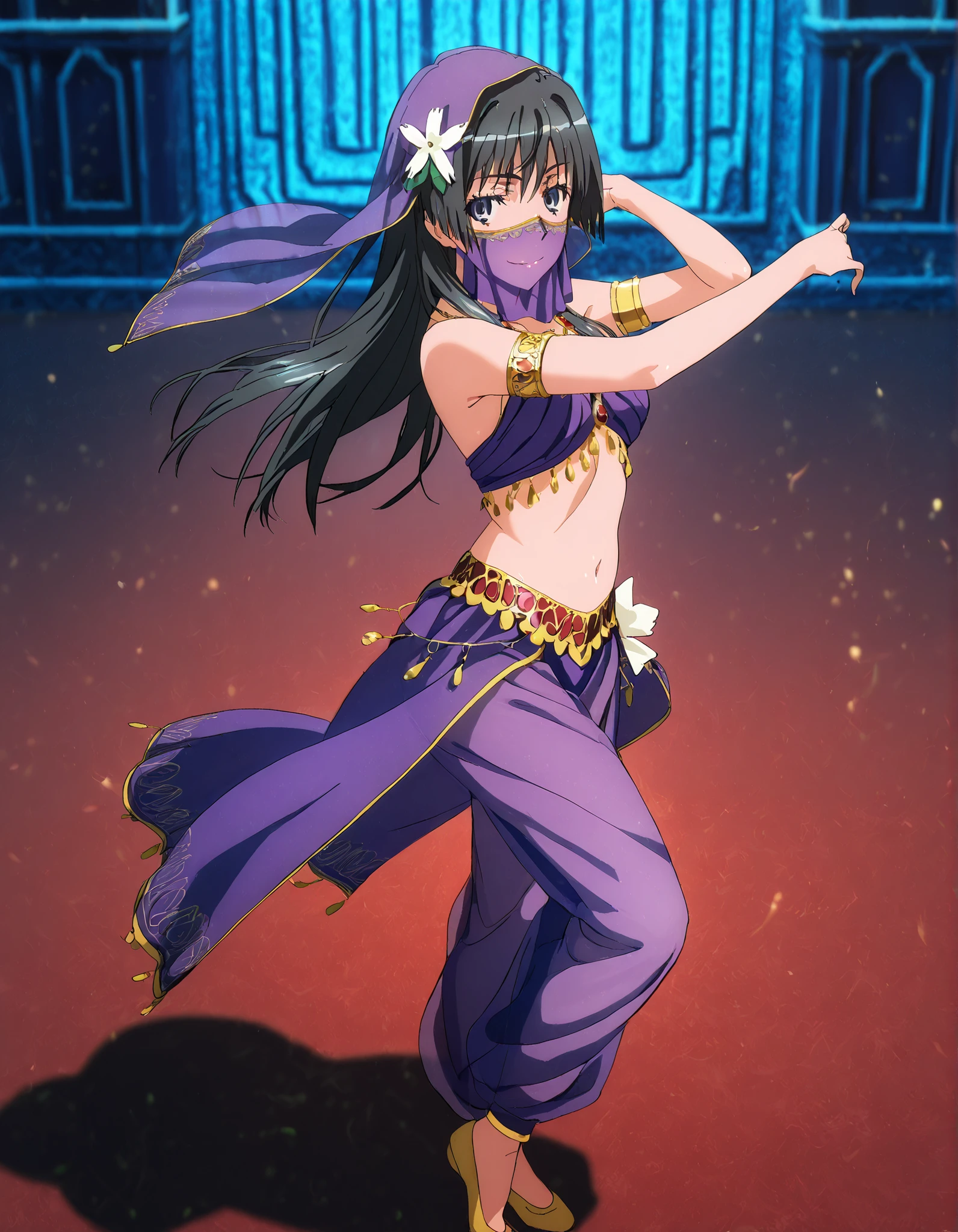 (1girl:1 . 5) , (Seul:1 . 5) , score_9 , score_8_haut , score_7_haut , source_anime , Official work , ultra-detailed , masterpiece , better quality , high resolution , beaux yeux , detailed eyes , Detailed face , beautiful detailed eyes,black hair, blue eyes, long hair, hair ornament, flower ornament,Toaru Kagaku no Railgun,Saten Ruiko,Arabian Clothes , Arabian Dancer Outfit ,belly dancer costume,belly dancer outfit ,full body,golden jewelery,mouth veil,armlet, belly dancing,arabian theater,seductive smile, dancing with veil, dynamic movement,dance posture, seductive pose
