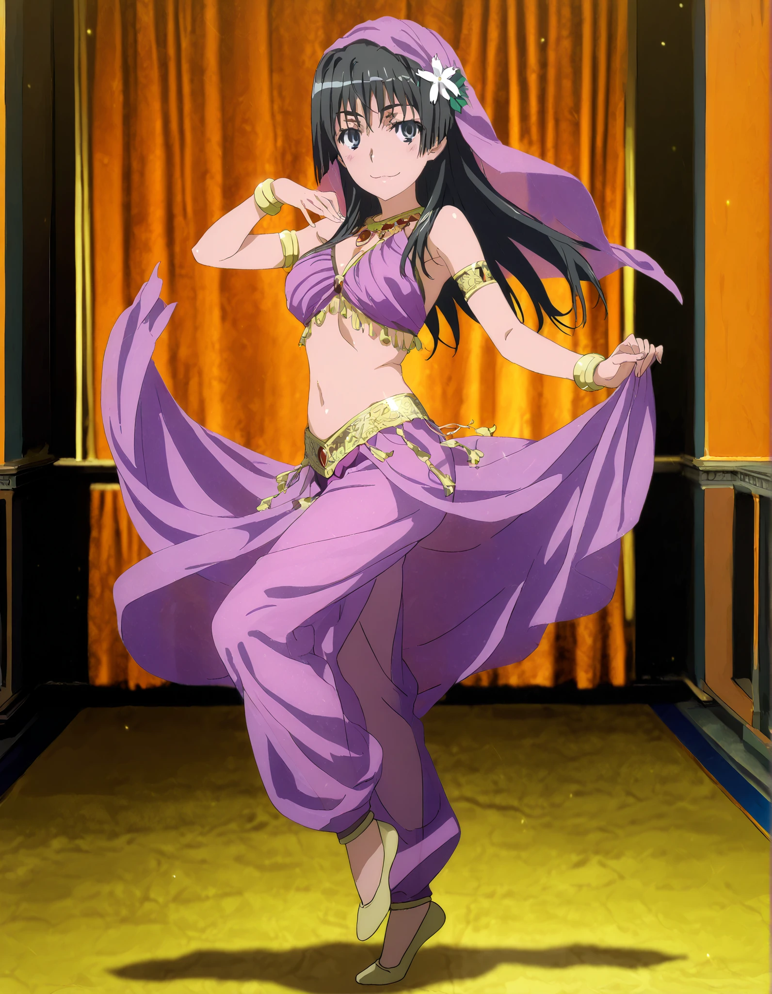 (1girl:1 . 5) , (Seul:1 . 5) , score_9 , score_8_haut , score_7_haut , source_anime , Official work , ultra-detailed , masterpiece , better quality , high resolution , beaux yeux , detailed eyes , Detailed face , beautiful detailed eyes,black hair, blue eyes, long hair, hair ornament, flower ornament,Toaru Kagaku no Railgun,Saten Ruiko,Arabian Clothes , Arabian Dancer Outfit ,belly dancer costume,belly dancer outfit ,full body,golden jewelery,armlet, belly dancing,arabian theater,seductive smile, dancing with veil, dynamic movement,dance posture, seductive pose