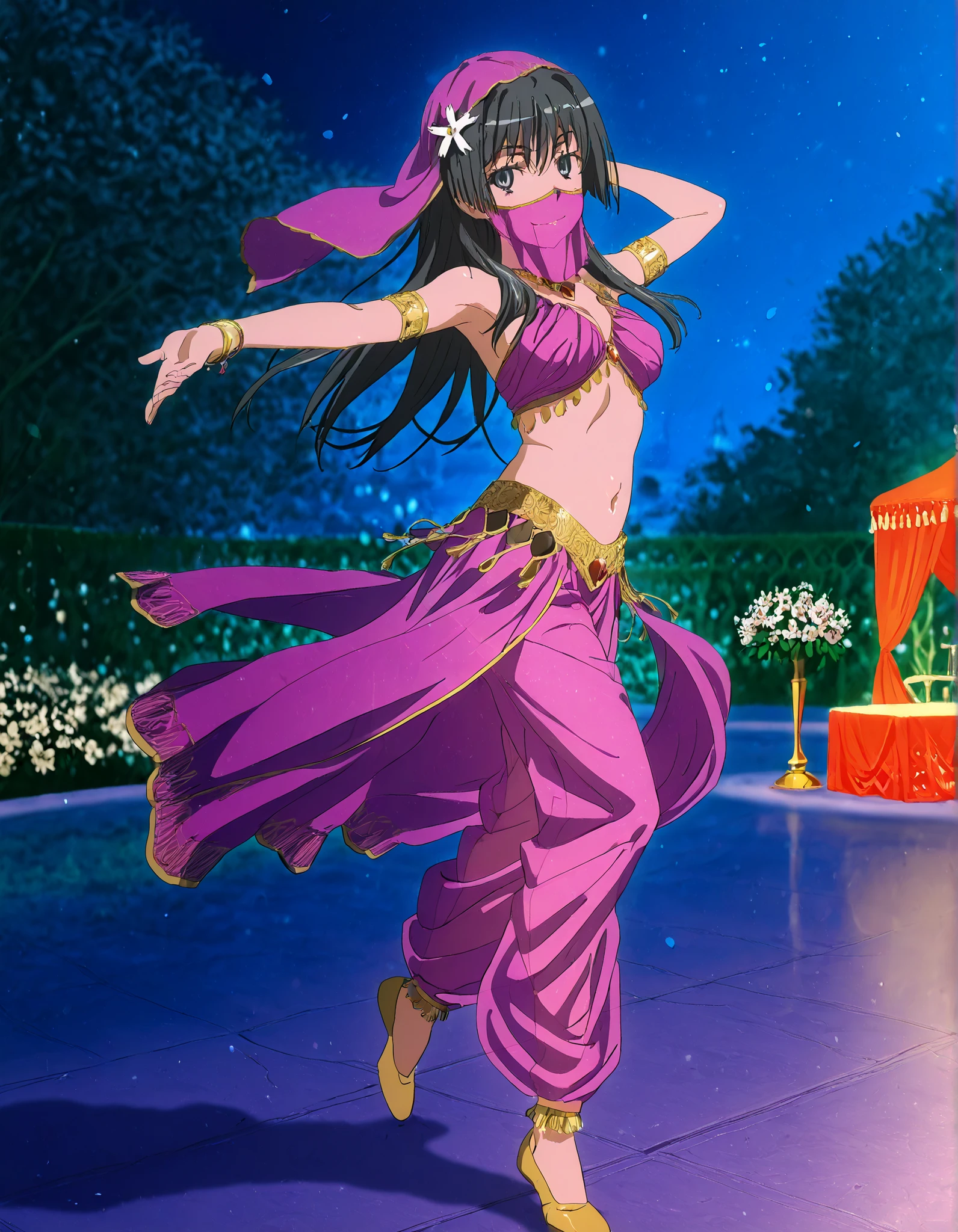 (1girl:1 . 5) , (Seul:1 . 5) , score_9 , score_8_haut , score_7_haut , source_anime , Official work , ultra-detailed , masterpiece , better quality , high resolution , beaux yeux , detailed eyes , Detailed face , beautiful detailed eyes,black hair, blue eyes, long hair, hair ornament, flower ornament,Toaru Kagaku no Railgun,Saten Ruiko,Arabian Clothes , Arabian Dancer Outfit ,belly dancer costume,belly dancer outfit ,full body,golden jewelery,mouth veil,armlet, belly dancing,night,arabian garden,seductive smile, dancing with veil, dynamic movement,dance posture, seductive pose
