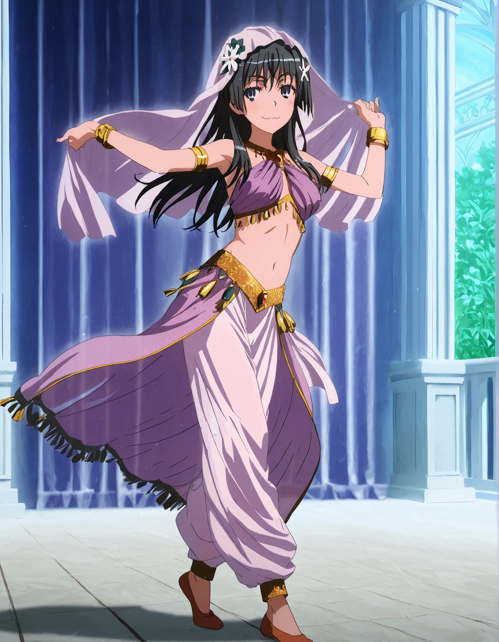 (1girl:1 . 5) , (Seul:1 . 5) , score_9 , score_8_haut , score_7_haut , source_anime , Official work , ultra-detailed , masterpiece , better quality , high resolution , beaux yeux , detailed eyes , Detailed face , beautiful detailed eyes,black hair, blue eyes, long hair, hair ornament, flower ornament,Toaru Kagaku no Railgun,Saten Ruiko,Arabian Clothes , Arabian Dancer Outfit ,belly dancer costume,belly dancer outfit ,full body,golden jewelery,armlet, belly dancing,arabian garden,seductive smile, dancing with veil, dynamic movement,dance posture, seductive pose