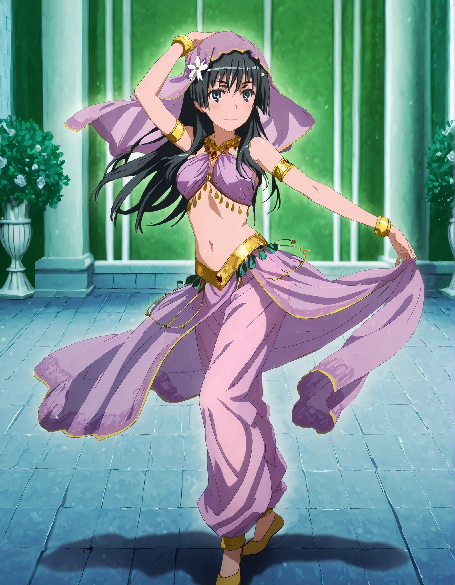 (1girl:1 . 5) , (Seul:1 . 5) , score_9 , score_8_haut , score_7_haut , source_anime , Official work , ultra-detailed , masterpiece , better quality , high resolution , beaux yeux , detailed eyes , Detailed face , beautiful detailed eyes,black hair, blue eyes, long hair, hair ornament, flower ornament,Toaru Kagaku no Railgun,Saten Ruiko,Arabian Clothes , Arabian Dancer Outfit ,belly dancer costume,belly dancer outfit ,full body,golden jewelery,armlet, belly dancing,arabian garden,seductive smile, dancing with veil, dynamic movement,dance posture, seductive pose