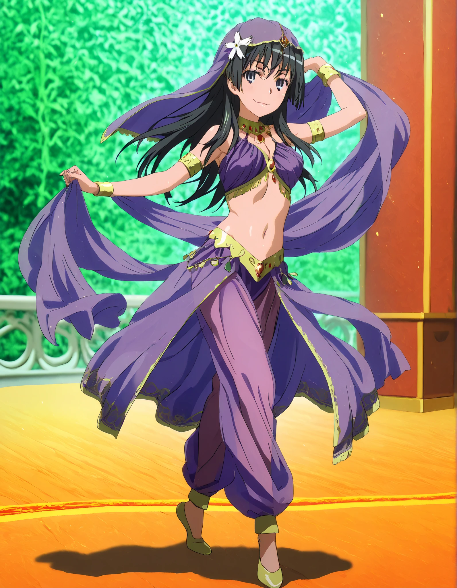 (1girl:1 . 5) , (Seul:1 . 5) , score_9 , score_8_haut , score_7_haut , source_anime , Official work , ultra-detailed , masterpiece , better quality , high resolution , beaux yeux , detailed eyes , Detailed face , beautiful detailed eyes,black hair, blue eyes, long hair, hair ornament, flower ornament,Toaru Kagaku no Railgun,Saten Ruiko,Arabian Clothes , Arabian Dancer Outfit ,belly dancer costume,belly dancer outfit ,full body,golden jewelery,armlet, belly dancing,arabian garden,seductive smile, dancing with veil, dynamic movement,dance posture, seductive pose