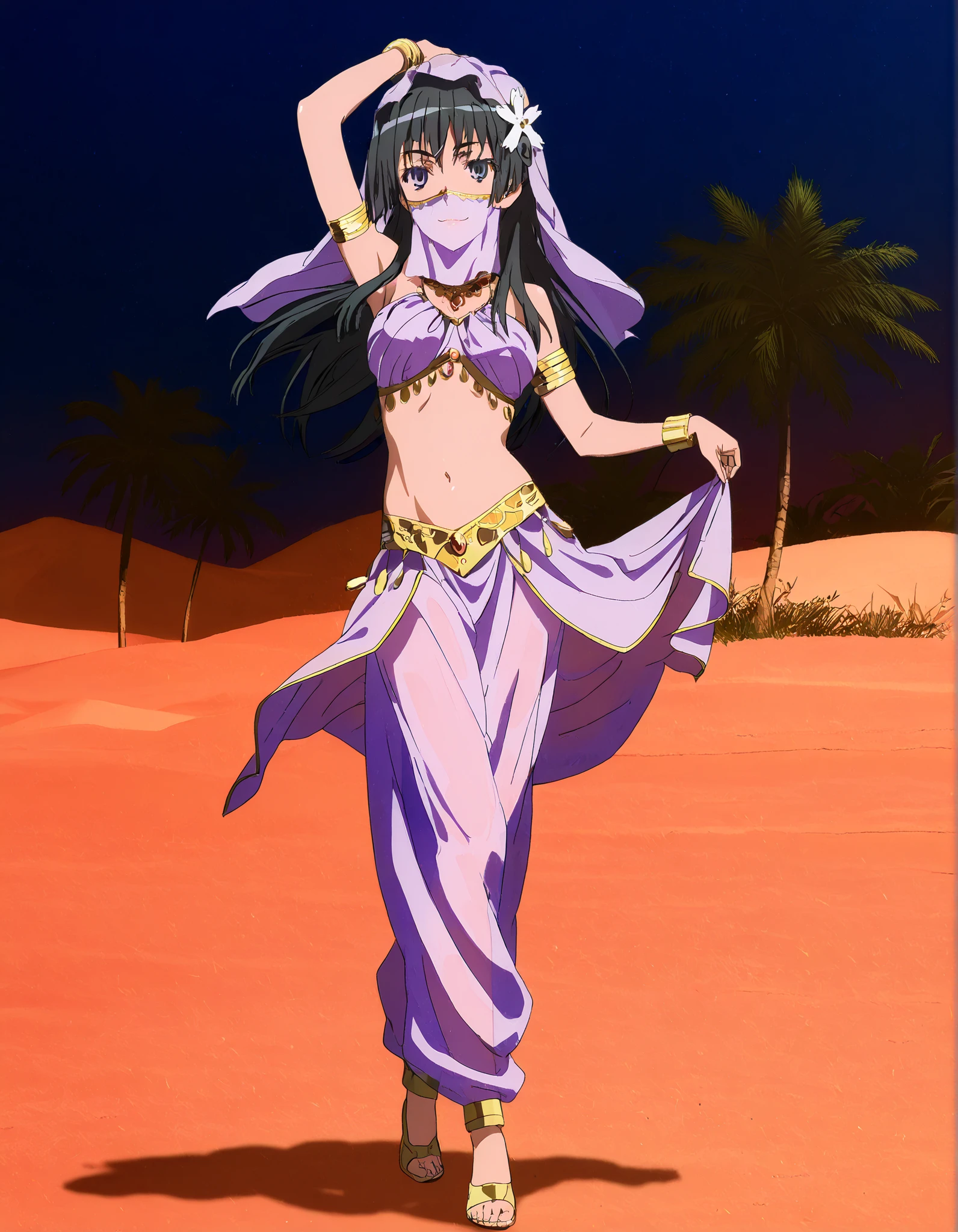 (1girl:1 . 5) , (Seul:1 . 5) , score_9 , score_8_haut , score_7_haut , source_anime , Official work , ultra-detailed , masterpiece , better quality , high resolution , beaux yeux , detailed eyes , Detailed face , beautiful detailed eyes,black hair, blue eyes, long hair, hair ornament, flower ornament,Toaru Kagaku no Railgun,Saten Ruiko,Arabian Clothes , Arabian Dancer Outfit ,belly dancer costume,belly dancer outfit ,full body,golden jewelery,mouth veil,armlet, belly dancing,night,desert lands,palm tree,seductive smile, dancing with veil, dynamic movement,dance posture, seductive pose