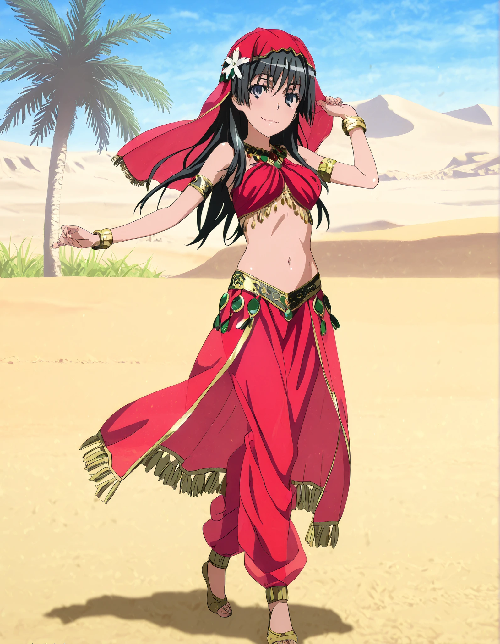 (1girl:1 . 5) , (Seul:1 . 5) , score_9 , score_8_haut , score_7_haut , source_anime , Official work , ultra-detailed , masterpiece , better quality , high resolution , beaux yeux , detailed eyes , Detailed face , beautiful detailed eyes,black hair, blue eyes, long hair, hair ornament, flower ornament,Toaru Kagaku no Railgun,Saten Ruiko,Arabian Clothes , Arabian Dancer Outfit ,belly dancer costume,belly dancer outfit ,full body,golden jewelery,armlet, belly dancing,desert lands,palm tree,seductive smile, dancing with veil, dynamic movement,dance posture, seductive pose