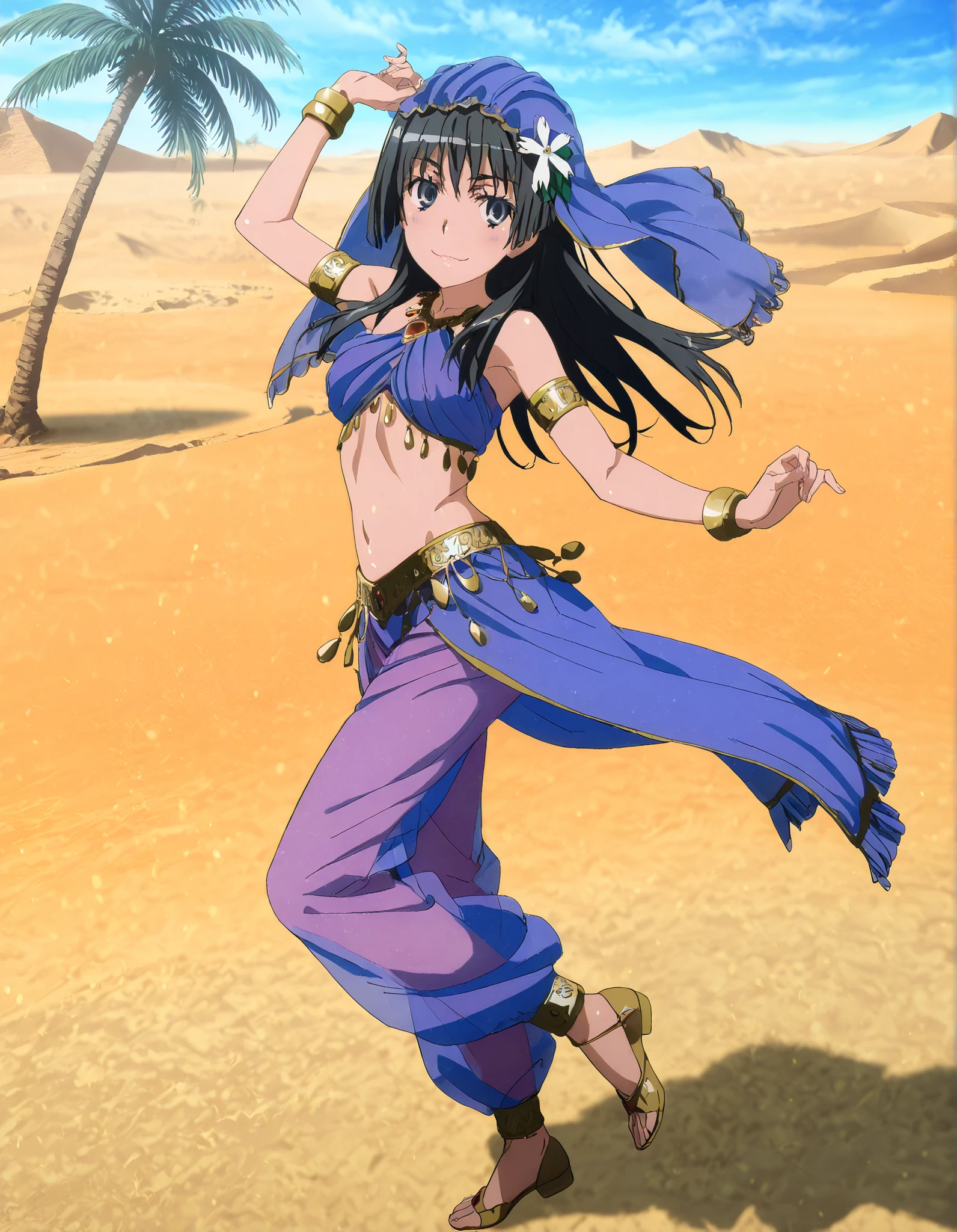 (1girl:1 . 5) , (Seul:1 . 5) , score_9 , score_8_haut , score_7_haut , source_anime , Official work , ultra-detailed , masterpiece , better quality , high resolution , beaux yeux , detailed eyes , Detailed face , beautiful detailed eyes,black hair, blue eyes, long hair, hair ornament, flower ornament,Toaru Kagaku no Railgun,Saten Ruiko,Arabian Clothes , Arabian Dancer Outfit ,belly dancer costume,belly dancer outfit ,full body,golden jewelery,armlet, belly dancing,desert lands,palm tree,seductive smile, dancing with veil, dynamic movement,dance posture, seductive pose