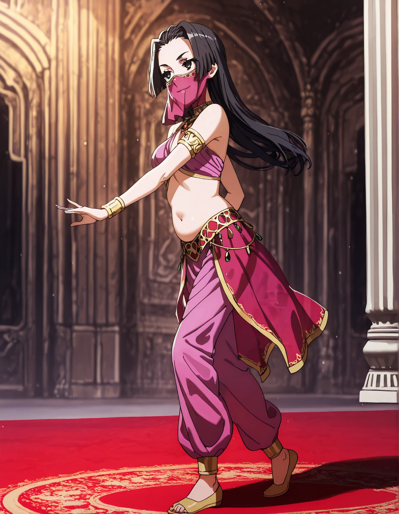 (1girl:1 . 5) , (Seul:1 . 5) , score_9 , score_8_haut , score_7_haut , source_anime , Official work  , ultra-detailed , masterpiece , better quality , high resolution , beaux yeux , detailed eyes , Detailed face , beautiful detailed eyes,1girl, long hair, black hair, black eyes,Toaru Kagaku no Railgun,Kongou Mitsuko,Arabian Clothes , Arabian Dancer Outfit ,belly dancer costume,belly dancer outfit ,full body,golden jewelery,mouth veil,armlet, belly dancing,arabian theater,seductive smile, dancing with veil, dynamic movement,dance posture, seductive pose