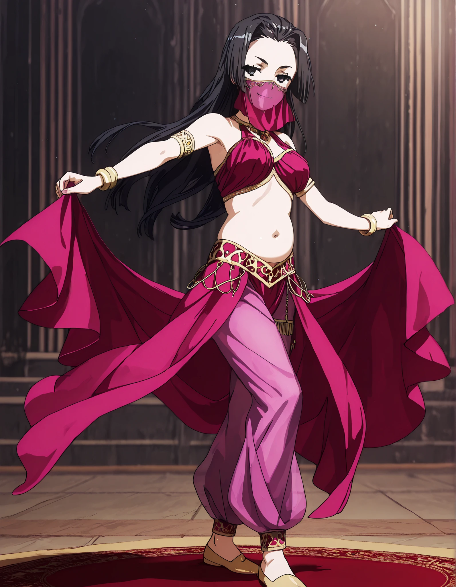 (1girl:1 . 5) , (Seul:1 . 5) , score_9 , score_8_haut , score_7_haut , source_anime , Official work  , ultra-detailed , masterpiece , better quality , high resolution , beaux yeux , detailed eyes , Detailed face , beautiful detailed eyes,1girl, long hair, black hair, black eyes,Toaru Kagaku no Railgun,Kongou Mitsuko,Arabian Clothes , Arabian Dancer Outfit ,belly dancer costume,belly dancer outfit ,full body,golden jewelery,mouth veil,armlet, belly dancing,arabian theater,seductive smile, dancing with veil, dynamic movement,dance posture, seductive pose