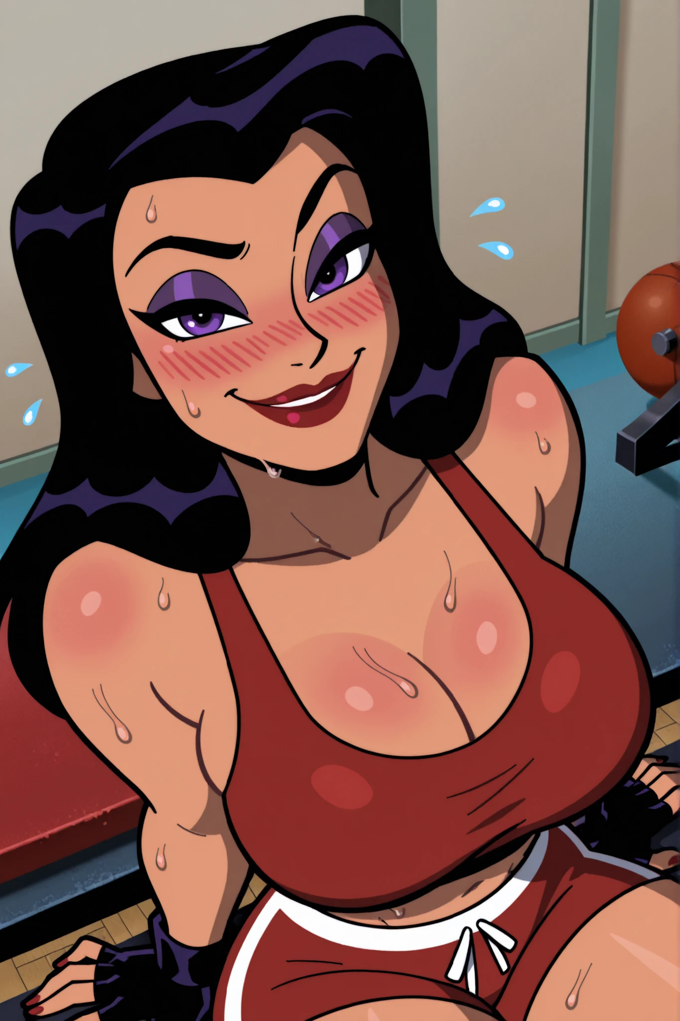 BREAK, score_8_up, score_7_up, score_6_up, score_9, h00nt33s 1girl, solo, long hair, , smile, black hair, purple eyes, makeup, lipstick, cleavage, curvy, athletic, looking at viewer, seducing viewer, teasing viewer, indoors, gym, sitting on bench, expression, bedroom eyes, busty, scarlet red sports bra, scarlet red gym shorts, scarlet red fingerless gloves, portrait, upper body, closeup, high-angle view, dark purple eyeshadow, sweaty, sweat drops, blushing