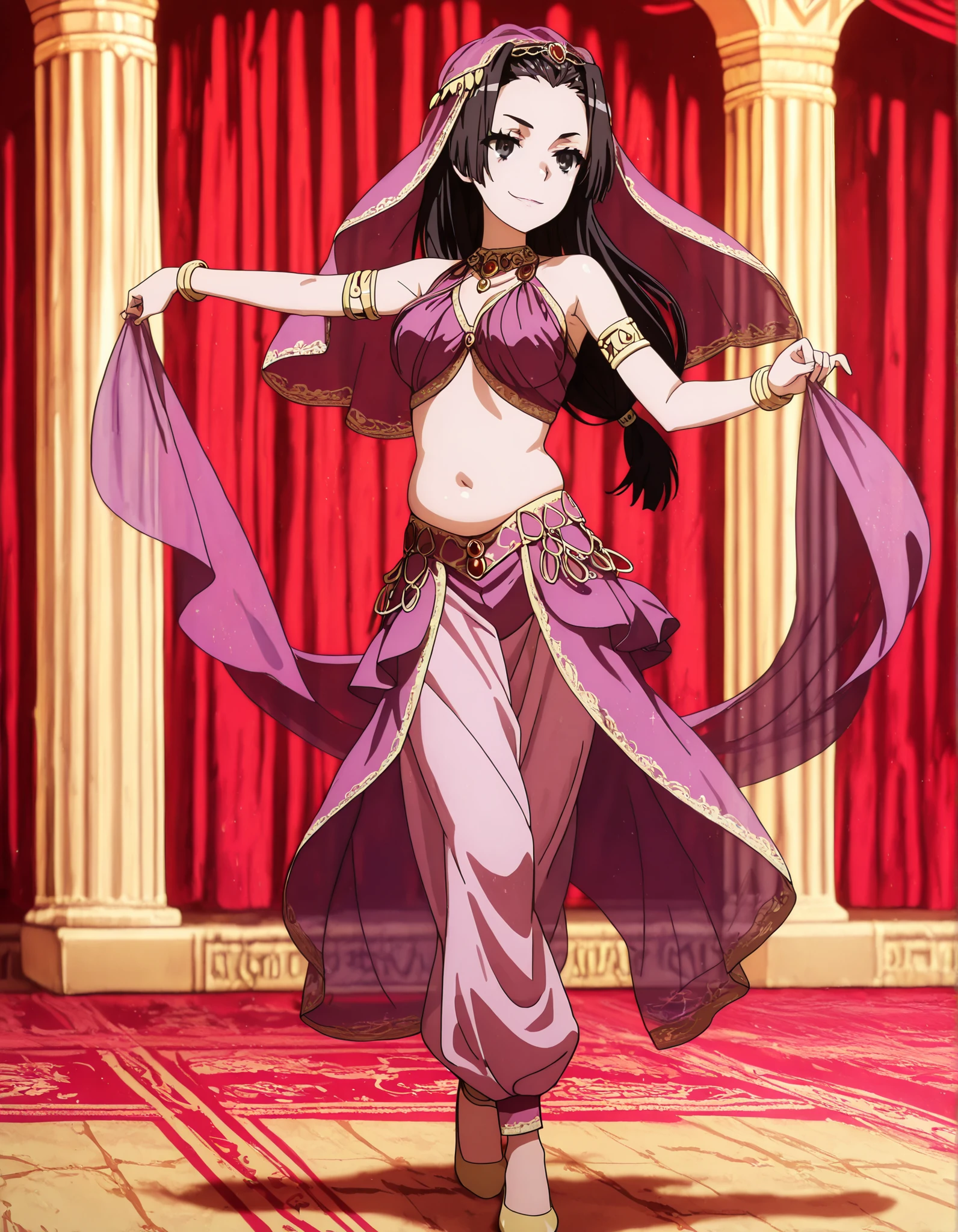 (1girl:1 . 5) , (Seul:1 . 5) , score_9 , score_8_haut , score_7_haut , source_anime , Official work  , ultra-detailed , masterpiece , better quality , high resolution , beaux yeux , detailed eyes , Detailed face , beautiful detailed eyes,1girl, long hair, black hair, black eyes,Toaru Kagaku no Railgun,Kongou Mitsuko,Arabian Clothes , Arabian Dancer Outfit ,belly dancer costume,belly dancer outfit ,full body,golden jewelery,armlet, belly dancing,arabian theater,seductive smile, dancing with veil, dynamic movement,dance posture, seductive pose