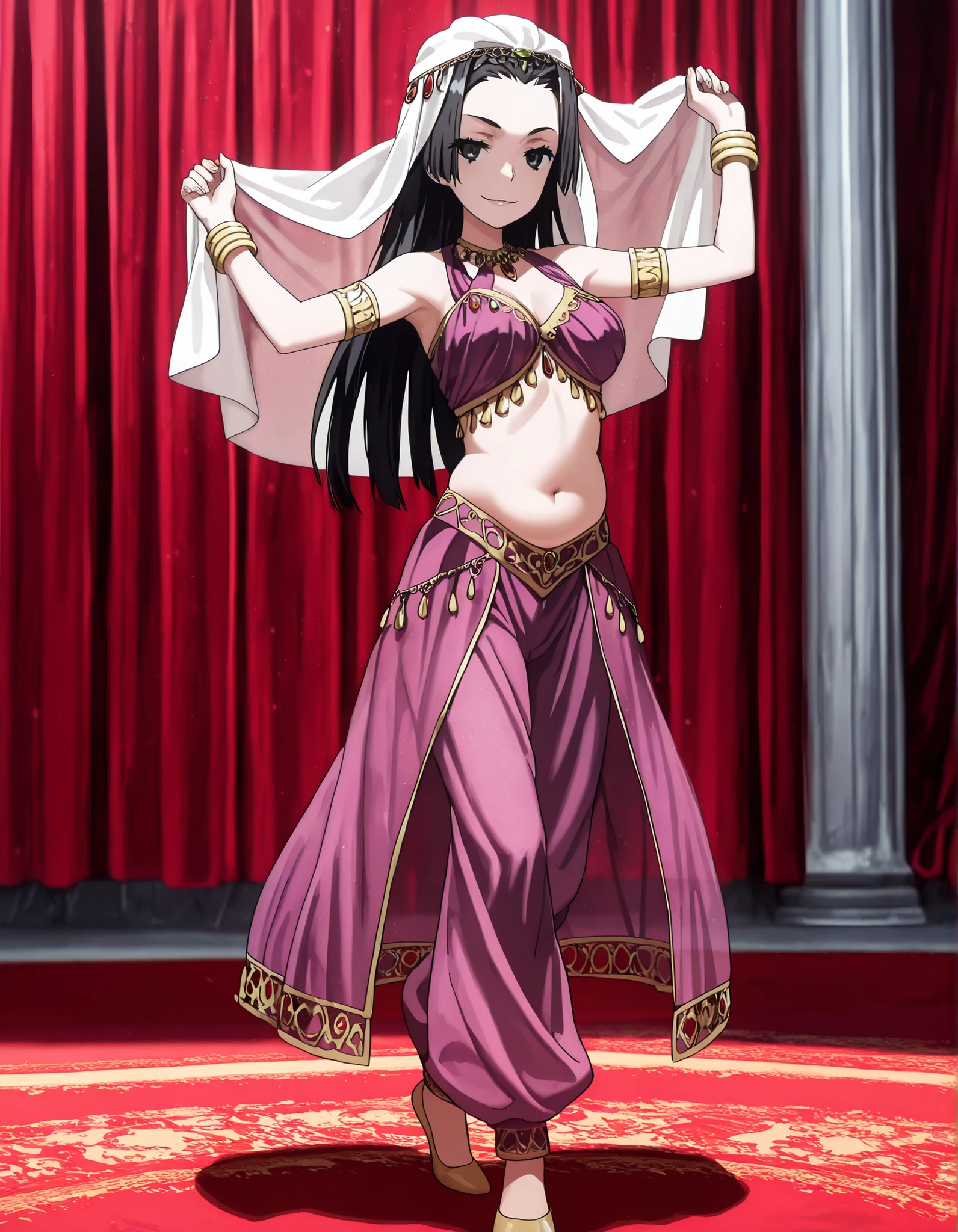 (1girl:1 . 5) , (Seul:1 . 5) , score_9 , score_8_haut , score_7_haut , source_anime , Official work  , ultra-detailed , masterpiece , better quality , high resolution , beaux yeux , detailed eyes , Detailed face , beautiful detailed eyes,1girl, long hair, black hair, black eyes,Toaru Kagaku no Railgun,Kongou Mitsuko,Arabian Clothes , Arabian Dancer Outfit ,belly dancer costume,belly dancer outfit ,full body,golden jewelery,armlet, belly dancing,arabian theater,seductive smile, dancing with veil, dynamic movement,dance posture, seductive pose