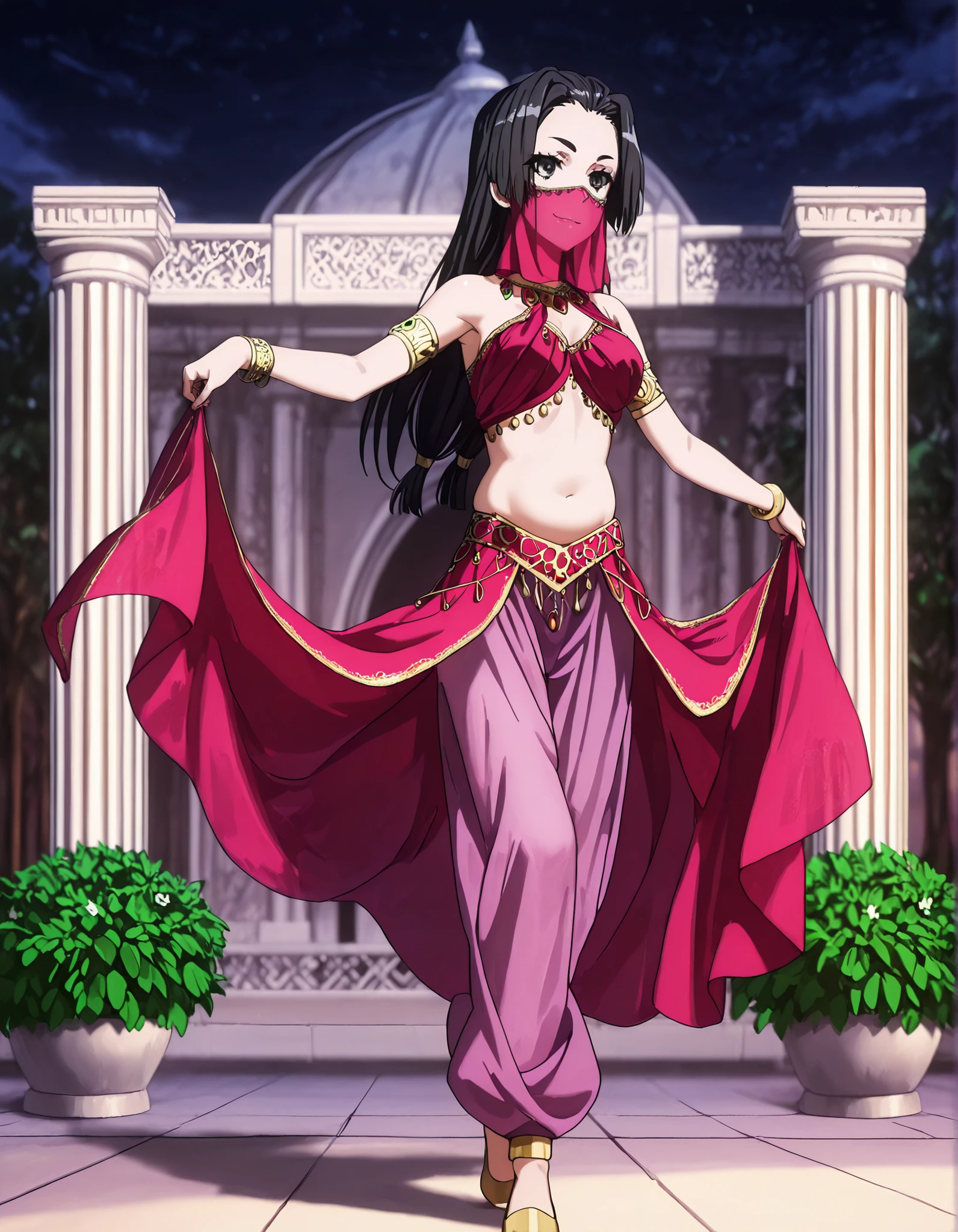 (1girl:1 . 5) , (Seul:1 . 5) , score_9 , score_8_haut , score_7_haut , source_anime , Official work  , ultra-detailed , masterpiece , better quality , high resolution , beaux yeux , detailed eyes , Detailed face , beautiful detailed eyes,1girl, long hair, black hair, black eyes,Toaru Kagaku no Railgun,Kongou Mitsuko,Arabian Clothes , Arabian Dancer Outfit ,belly dancer costume,belly dancer outfit ,full body,golden jewelery,mouth veil,armlet, belly dancing,night,arabian garden,seductive smile, dancing with veil, dynamic movement,dance posture, seductive pose