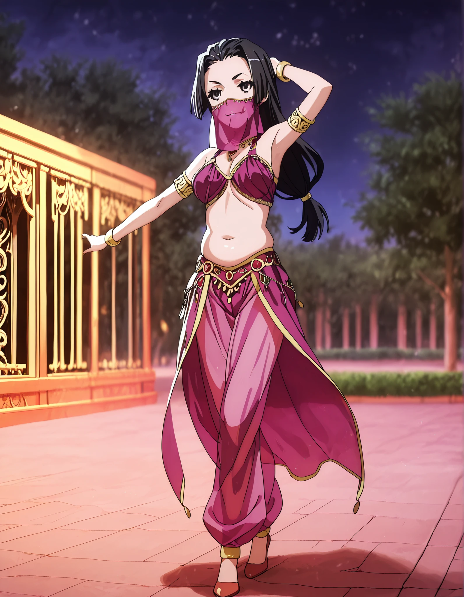 (1girl:1 . 5) , (Seul:1 . 5) , score_9 , score_8_haut , score_7_haut , source_anime , Official work  , ultra-detailed , masterpiece , better quality , high resolution , beaux yeux , detailed eyes , Detailed face , beautiful detailed eyes,1girl, long hair, black hair, black eyes,Toaru Kagaku no Railgun,Kongou Mitsuko,Arabian Clothes , Arabian Dancer Outfit ,belly dancer costume,belly dancer outfit ,full body,golden jewelery,mouth veil,armlet, belly dancing,night,arabian garden,seductive smile, dancing with veil, dynamic movement,dance posture, seductive pose