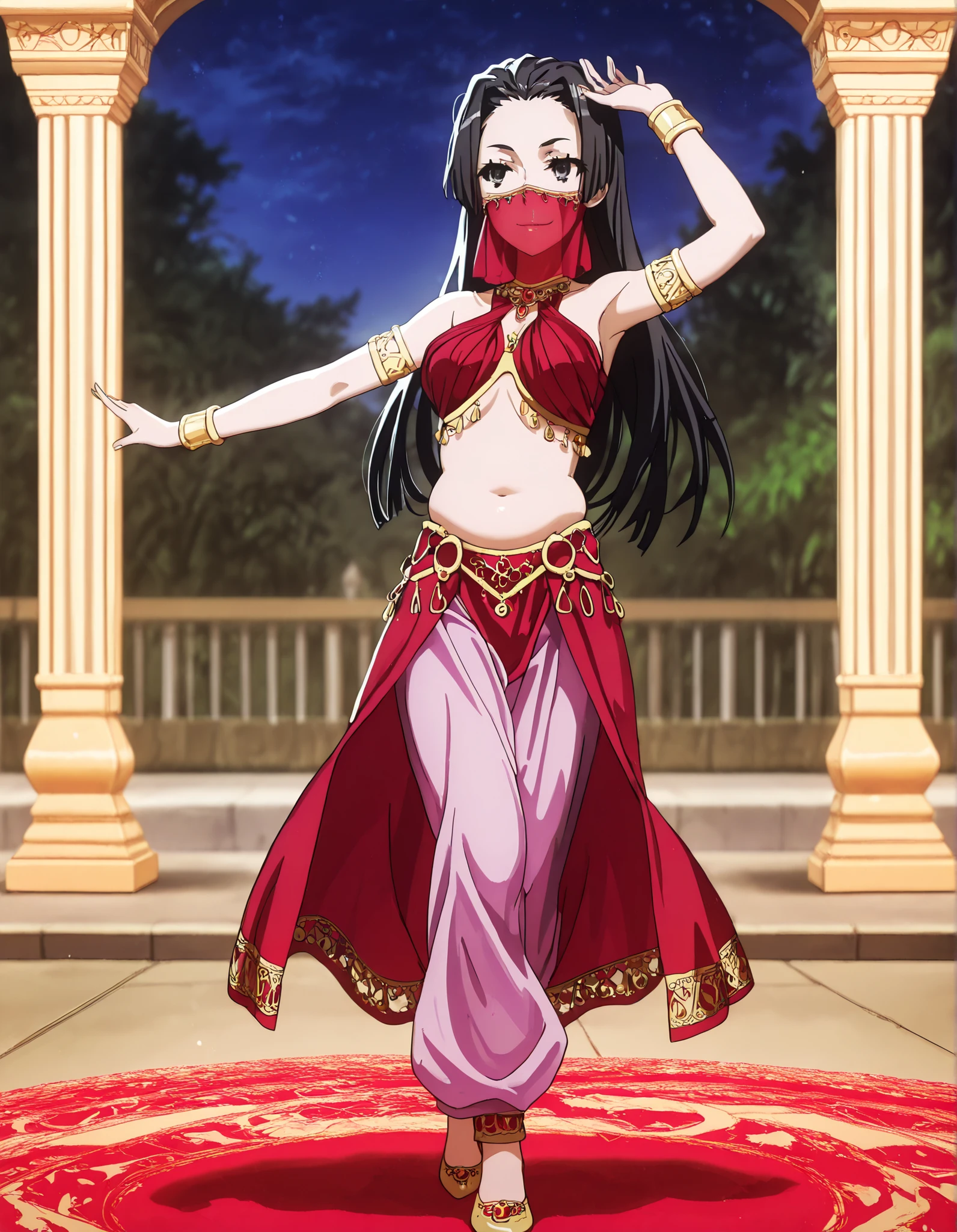 (1girl:1 . 5) , (Seul:1 . 5) , score_9 , score_8_haut , score_7_haut , source_anime , Official work  , ultra-detailed , masterpiece , better quality , high resolution , beaux yeux , detailed eyes , Detailed face , beautiful detailed eyes,1girl, long hair, black hair, black eyes,Toaru Kagaku no Railgun,Kongou Mitsuko,Arabian Clothes , Arabian Dancer Outfit ,belly dancer costume,belly dancer outfit ,full body,golden jewelery,mouth veil,armlet, belly dancing,night,arabian garden,seductive smile, dancing with veil, dynamic movement,dance posture, seductive pose