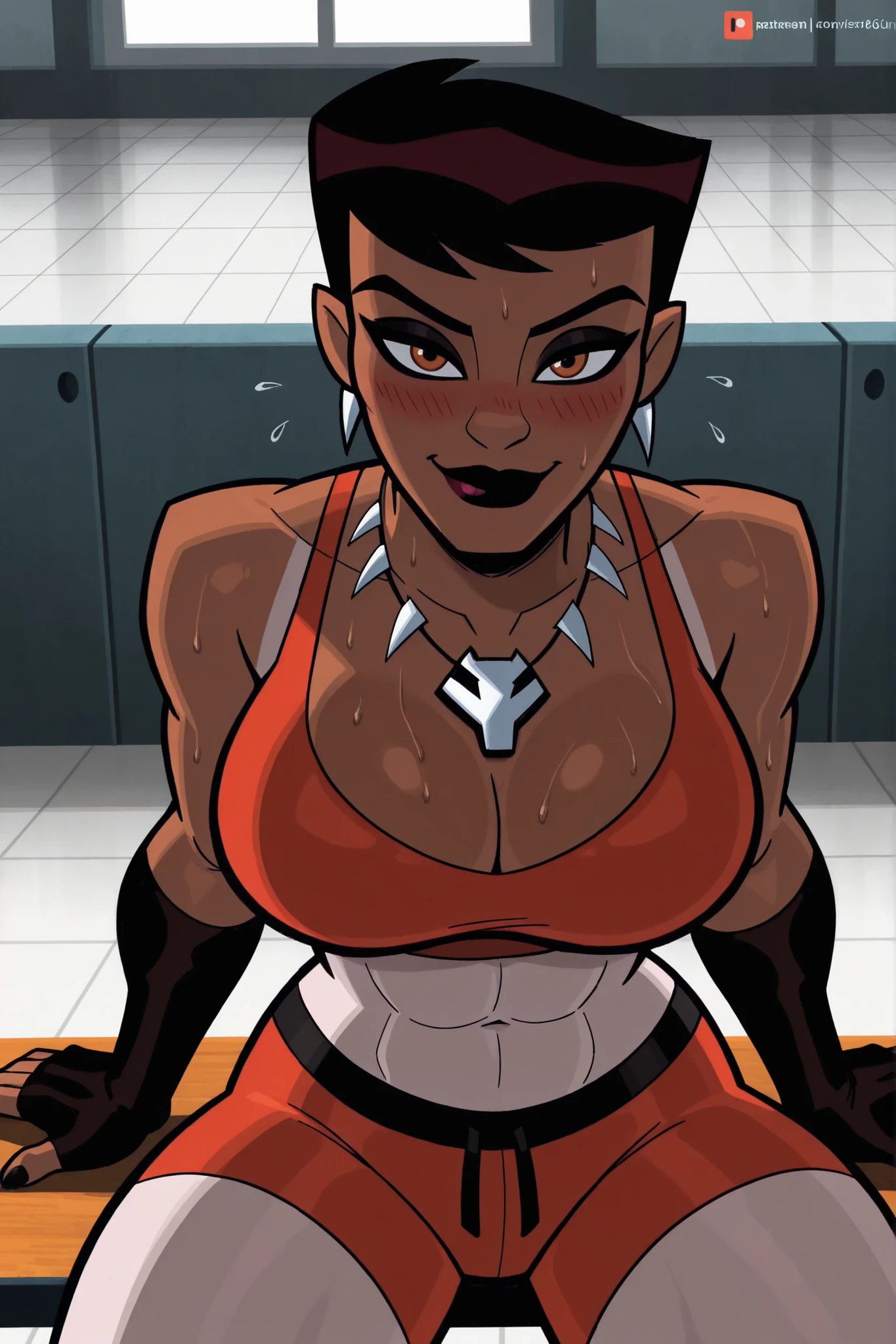 BREAK, score_6_up, score_7_up, score_8_up, score_9, masterpiece, best quality, dramatic lighting, intricate details, 1girl, solo, , cleavage, curvy, athletic, looking at viewer, seducing viewer, teasing viewer, smiling, closed mouth, expression, bedroom eyes, short hair, black hair, jewelry, necklace, colored skin, dark-skinned female, dark skin, muscular female, colored sclera, lipstick, makeup, v1x3n, sitting on bench, indoors, busty, crimson red sports bra, crimson red gym shorts, crimson red fingerless gloves, portrait, closeup, upper body, gym, shoulders, high-angle view, black eyeshadow, shoulders, sweaty, sweat drops, blushing