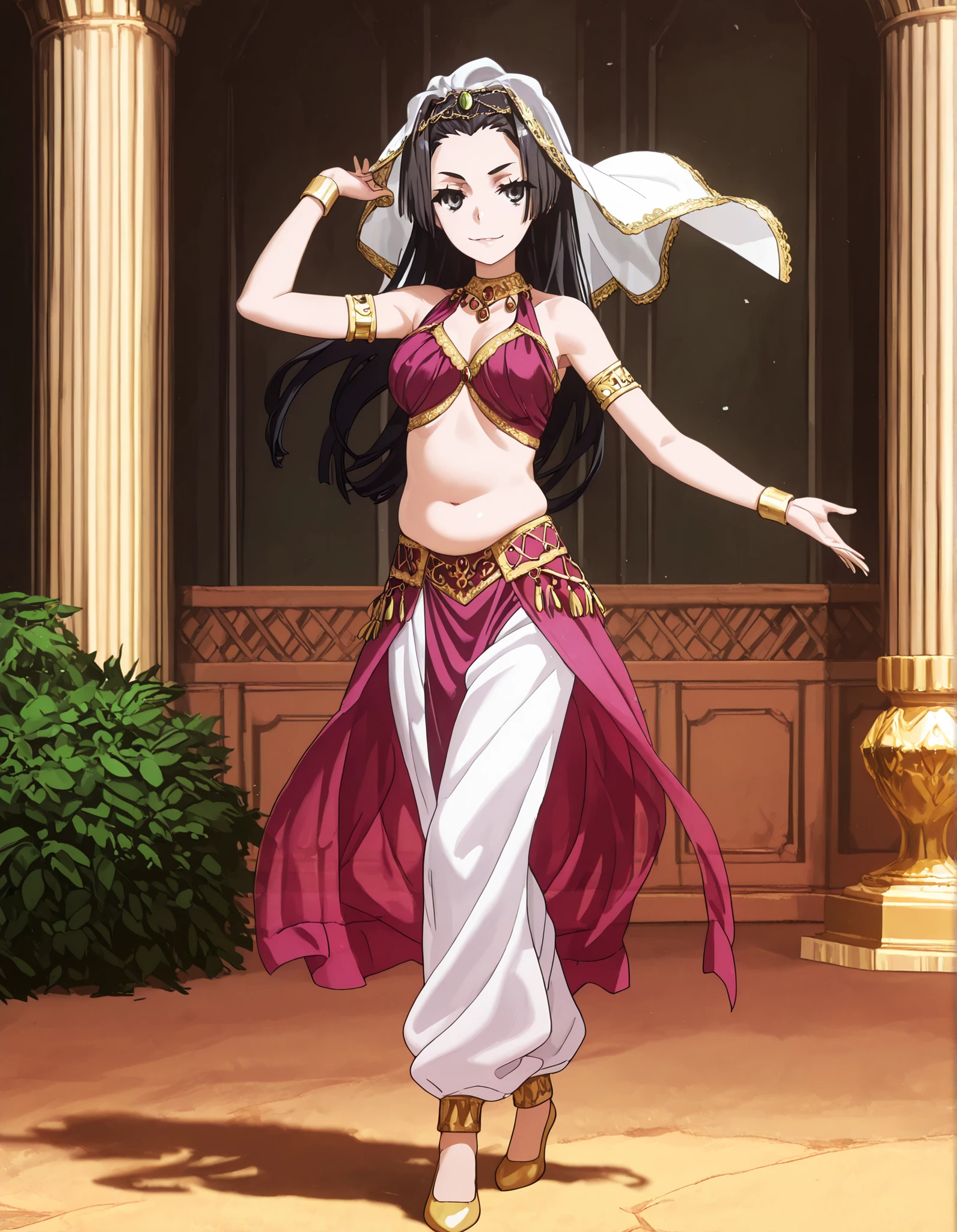 (1girl:1 . 5) , (Seul:1 . 5) , score_9 , score_8_haut , score_7_haut , source_anime , Official work  , ultra-detailed , masterpiece , better quality , high resolution , beaux yeux , detailed eyes , Detailed face , beautiful detailed eyes,1girl, long hair, black hair, black eyes,Toaru Kagaku no Railgun,Kongou Mitsuko,Arabian Clothes , Arabian Dancer Outfit ,belly dancer costume,belly dancer outfit ,full body,golden jewelery,armlet, belly dancing,arabian garden,seductive smile, dancing with veil, dynamic movement,dance posture, seductive pose