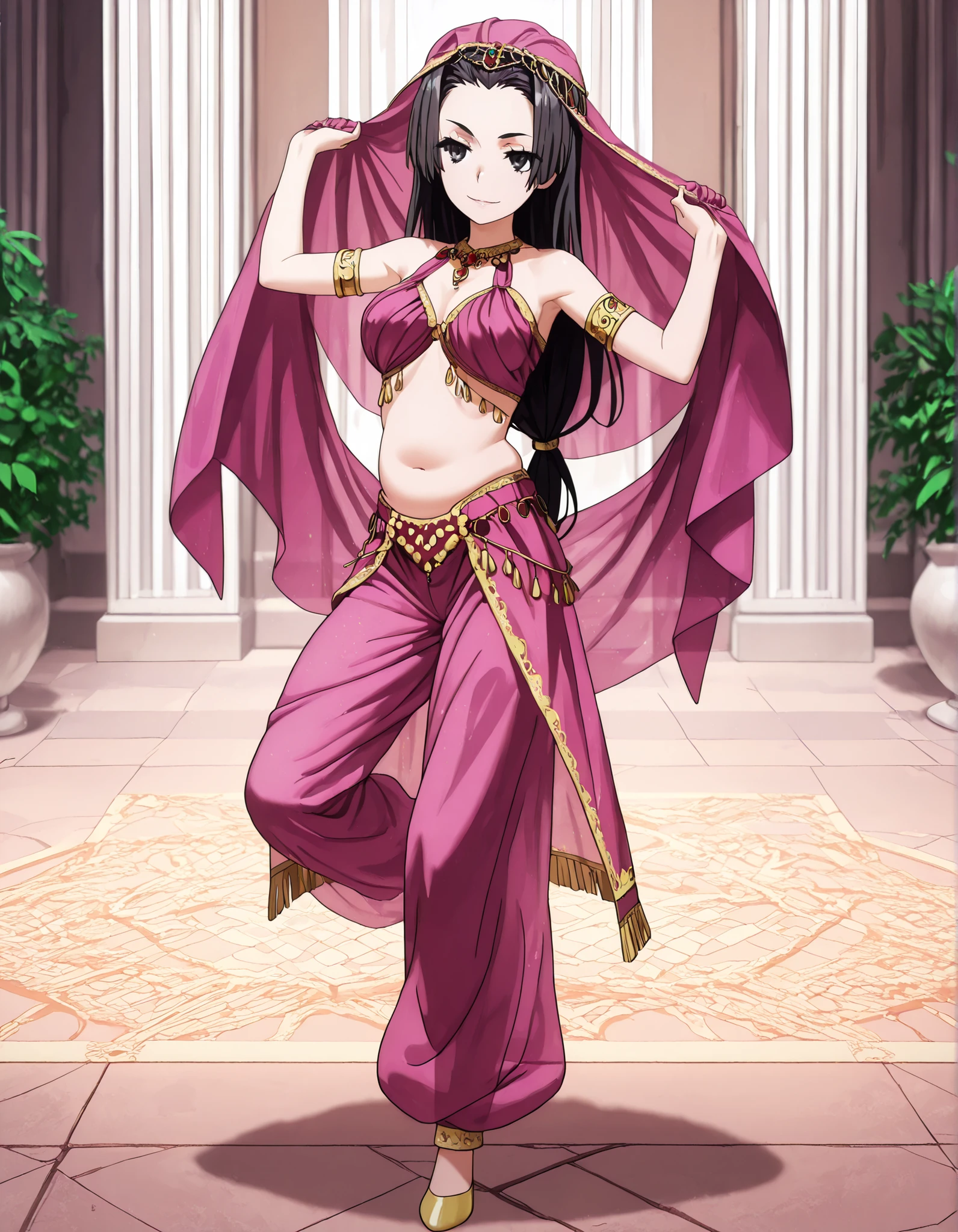 (1girl:1 . 5) , (Seul:1 . 5) , score_9 , score_8_haut , score_7_haut , source_anime , Official work  , ultra-detailed , masterpiece , better quality , high resolution , beaux yeux , detailed eyes , Detailed face , beautiful detailed eyes,1girl, long hair, black hair, black eyes,Toaru Kagaku no Railgun,Kongou Mitsuko,Arabian Clothes , Arabian Dancer Outfit ,belly dancer costume,belly dancer outfit ,full body,golden jewelery,armlet, belly dancing,arabian garden,seductive smile, dancing with veil, dynamic movement,dance posture, seductive pose