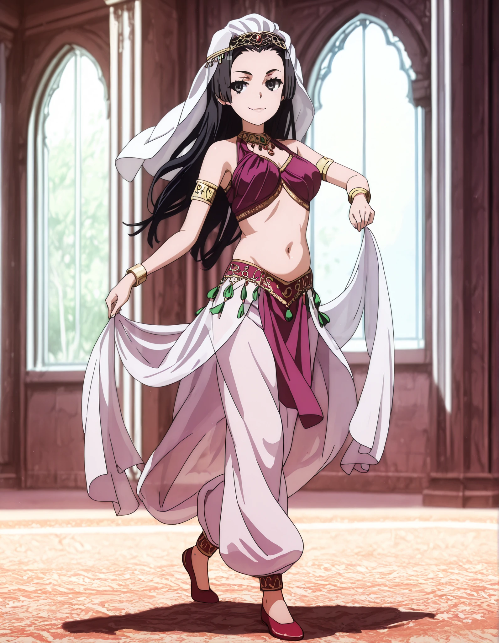 (1girl:1 . 5) , (Seul:1 . 5) , score_9 , score_8_haut , score_7_haut , source_anime , Official work  , ultra-detailed , masterpiece , better quality , high resolution , beaux yeux , detailed eyes , Detailed face , beautiful detailed eyes,1girl, long hair, black hair, black eyes,Toaru Kagaku no Railgun,Kongou Mitsuko,Arabian Clothes , Arabian Dancer Outfit ,belly dancer costume,belly dancer outfit ,full body,golden jewelery,armlet, belly dancing,arabian garden,seductive smile, dancing with veil, dynamic movement,dance posture, seductive pose