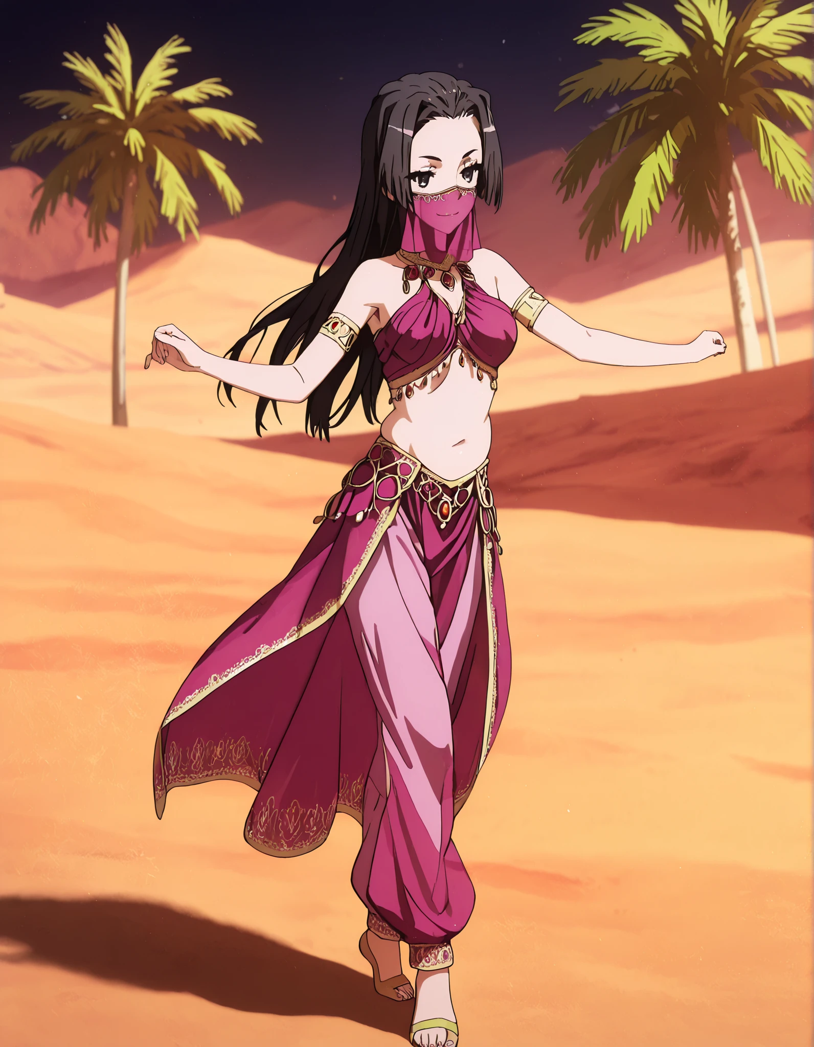 (1girl:1 . 5) , (Seul:1 . 5) , score_9 , score_8_haut , score_7_haut , source_anime , Official work  , ultra-detailed , masterpiece , better quality , high resolution , beaux yeux , detailed eyes , Detailed face , beautiful detailed eyes,1girl, long hair, black hair, black eyes,Toaru Kagaku no Railgun,Kongou Mitsuko,Arabian Clothes , Arabian Dancer Outfit ,belly dancer costume,belly dancer outfit ,full body,golden jewelery,mouth veil,armlet, belly dancing,night,desert lands,palm tree,seductive smile, dancing with veil, dynamic movement,dance posture, seductive pose