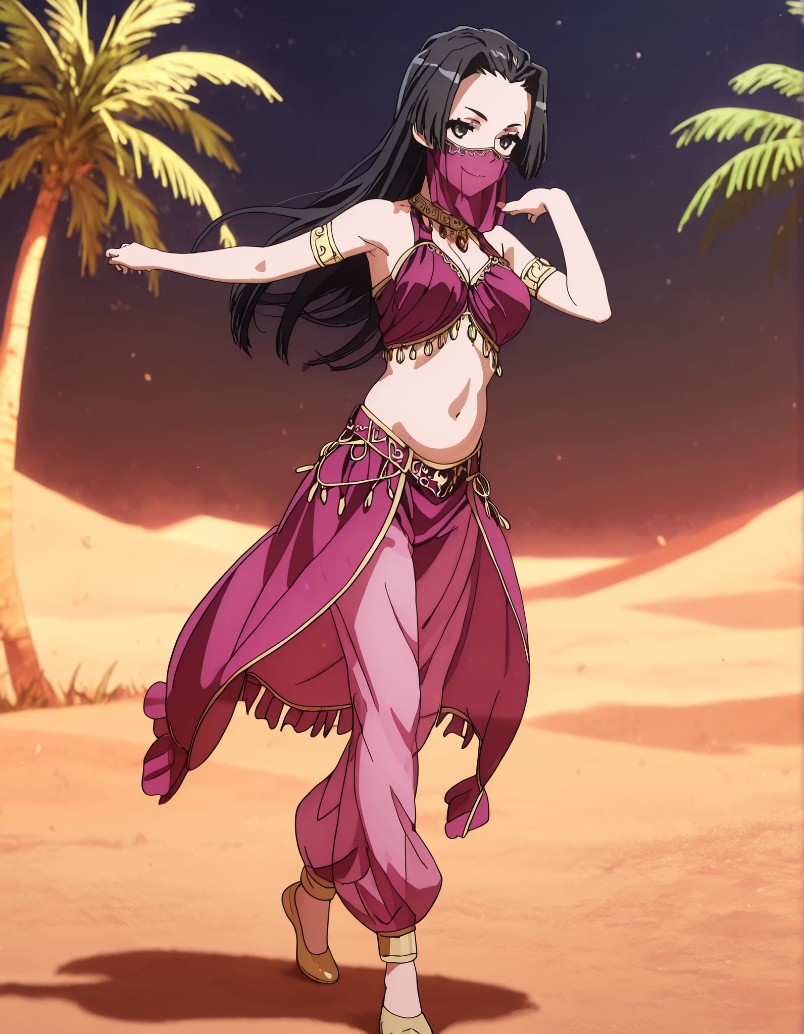 (1girl:1 . 5) , (Seul:1 . 5) , score_9 , score_8_haut , score_7_haut , source_anime , Official work  , ultra-detailed , masterpiece , better quality , high resolution , beaux yeux , detailed eyes , Detailed face , beautiful detailed eyes,1girl, long hair, black hair, black eyes,Toaru Kagaku no Railgun,Kongou Mitsuko,Arabian Clothes , Arabian Dancer Outfit ,belly dancer costume,belly dancer outfit ,full body,golden jewelery,mouth veil,armlet, belly dancing,night,desert lands,palm tree,seductive smile, dancing with veil, dynamic movement,dance posture, seductive pose