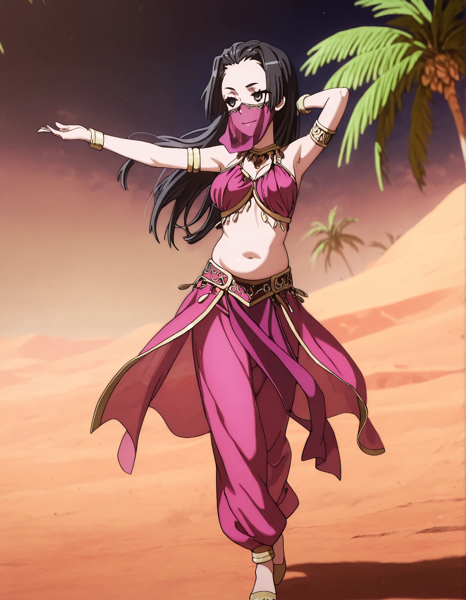 (1girl:1 . 5) , (Seul:1 . 5) , score_9 , score_8_haut , score_7_haut , source_anime , Official work  , ultra-detailed , masterpiece , better quality , high resolution , beaux yeux , detailed eyes , Detailed face , beautiful detailed eyes,1girl, long hair, black hair, black eyes,Toaru Kagaku no Railgun,Kongou Mitsuko,Arabian Clothes , Arabian Dancer Outfit ,belly dancer costume,belly dancer outfit ,full body,golden jewelery,mouth veil,armlet, belly dancing,night,desert lands,palm tree,seductive smile, dancing with veil, dynamic movement,dance posture, seductive pose