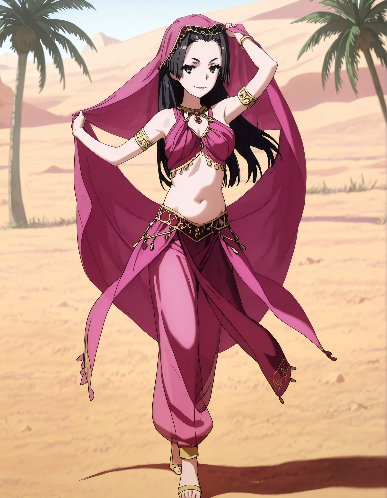 (1girl:1 . 5) , (Seul:1 . 5) , score_9 , score_8_haut , score_7_haut , source_anime , Official work  , ultra-detailed , masterpiece , better quality , high resolution , beaux yeux , detailed eyes , Detailed face , beautiful detailed eyes,1girl, long hair, black hair, black eyes,Toaru Kagaku no Railgun,Kongou Mitsuko,Arabian Clothes , Arabian Dancer Outfit ,belly dancer costume,belly dancer outfit ,full body,golden jewelery,armlet, belly dancing,desert lands,palm tree,seductive smile, dancing with veil, dynamic movement,dance posture, seductive pose