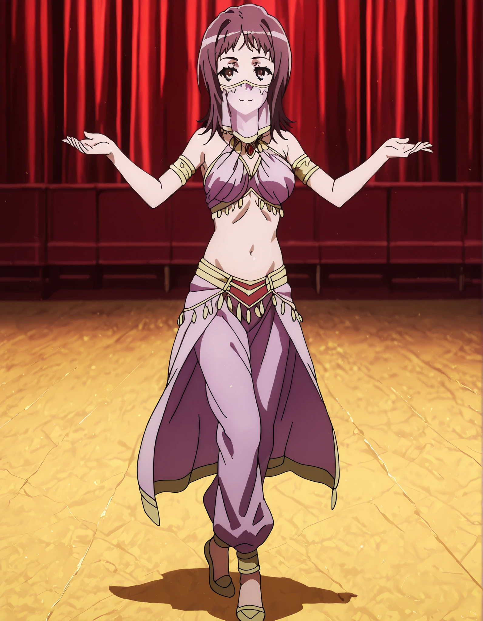 (1girl:1 . 5) , (Seul:1 . 5) , score_9 , score_8_haut , score_7_haut , source_anime , Official work  , ultra-detailed , masterpiece , better quality , high resolution , beaux yeux , detailed eyes , Detailed face , beautiful detailed eyes,1girl,short hair, brown hair, brown eyes,Toaru Kagaku no Railgun,Itsuwa,Arabian Clothes , Arabian Dancer Outfit ,belly dancer costume,belly dancer outfit ,full body,golden jewelery,mouth veil,armlet, belly dancing,arabian theater,seductive smile, dancing with veil, dynamic movement,dance posture, seductive pose