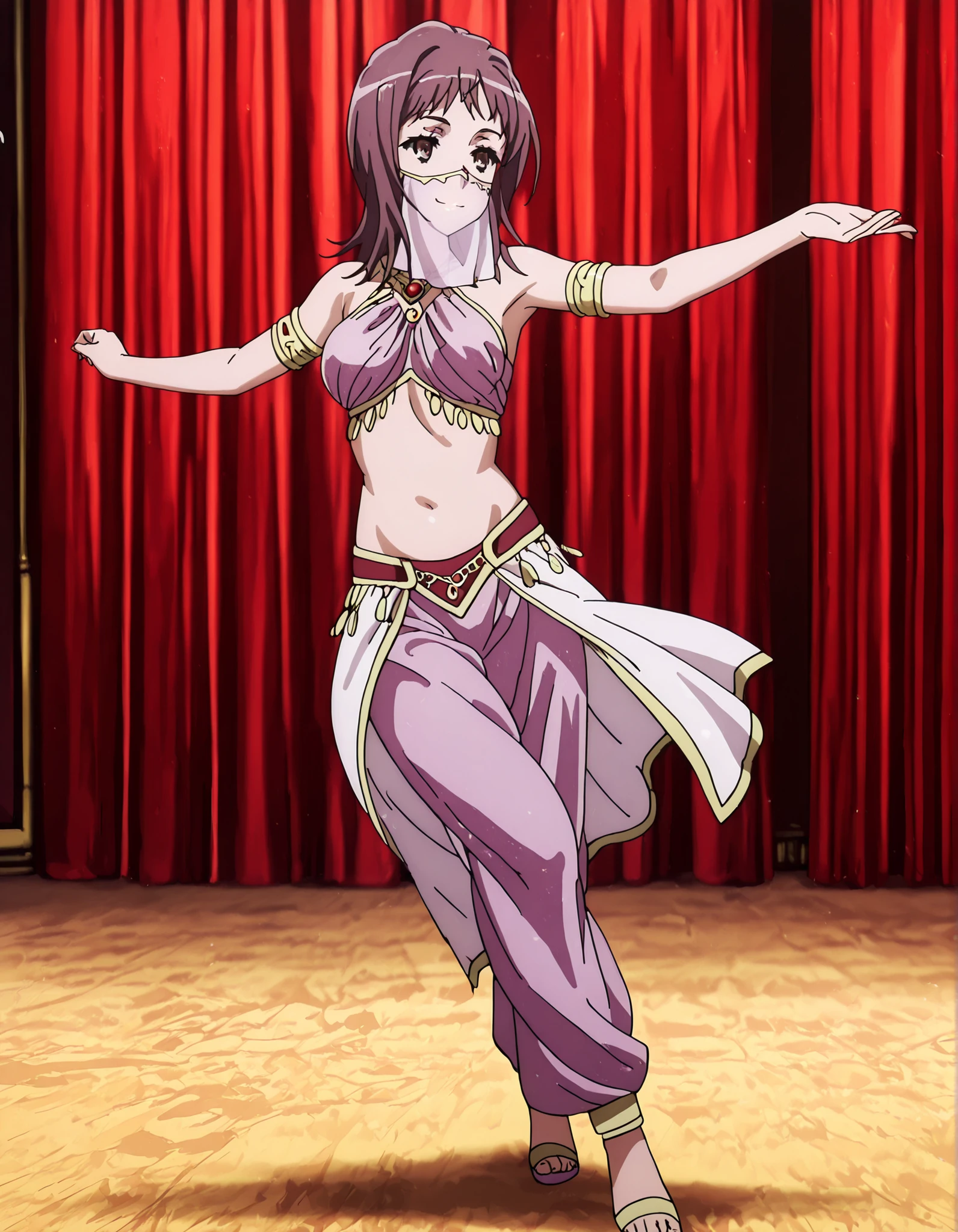 (1girl:1 . 5) , (Seul:1 . 5) , score_9 , score_8_haut , score_7_haut , source_anime , Official work  , ultra-detailed , masterpiece , better quality , high resolution , beaux yeux , detailed eyes , Detailed face , beautiful detailed eyes,1girl,short hair, brown hair, brown eyes,Toaru Kagaku no Railgun,Itsuwa,Arabian Clothes , Arabian Dancer Outfit ,belly dancer costume,belly dancer outfit ,full body,golden jewelery,mouth veil,armlet, belly dancing,arabian theater,seductive smile, dancing with veil, dynamic movement,dance posture, seductive pose