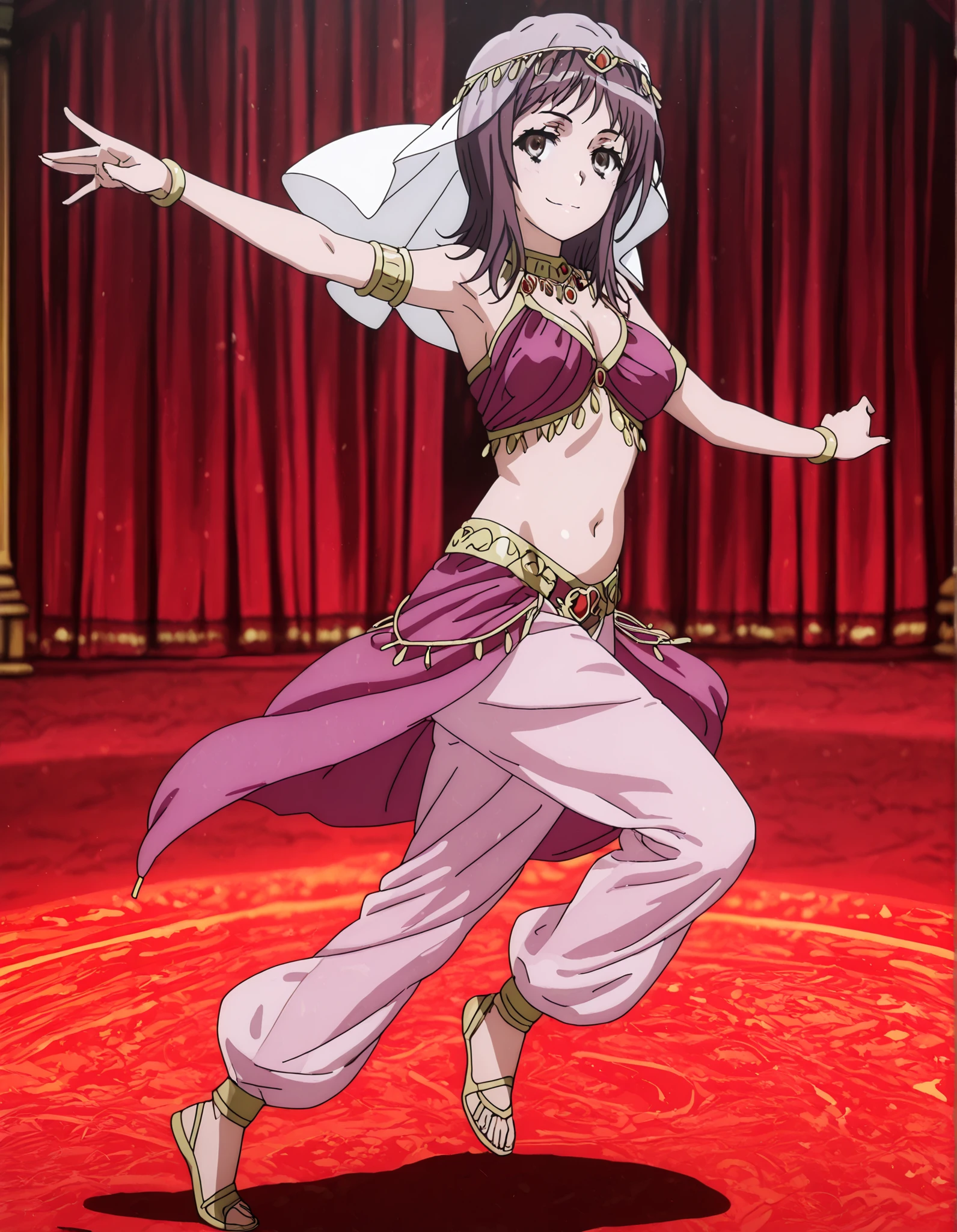 (1girl:1 . 5) , (Seul:1 . 5) , score_9 , score_8_haut , score_7_haut , source_anime , Official work  , ultra-detailed , masterpiece , better quality , high resolution , beaux yeux , detailed eyes , Detailed face , beautiful detailed eyes,1girl,short hair, brown hair, brown eyes,Toaru Kagaku no Railgun,Itsuwa,Arabian Clothes , Arabian Dancer Outfit ,belly dancer costume,belly dancer outfit ,full body,golden jewelery,armlet, belly dancing,arabian theater,seductive smile, dancing with veil, dynamic movement,dance posture, seductive pose