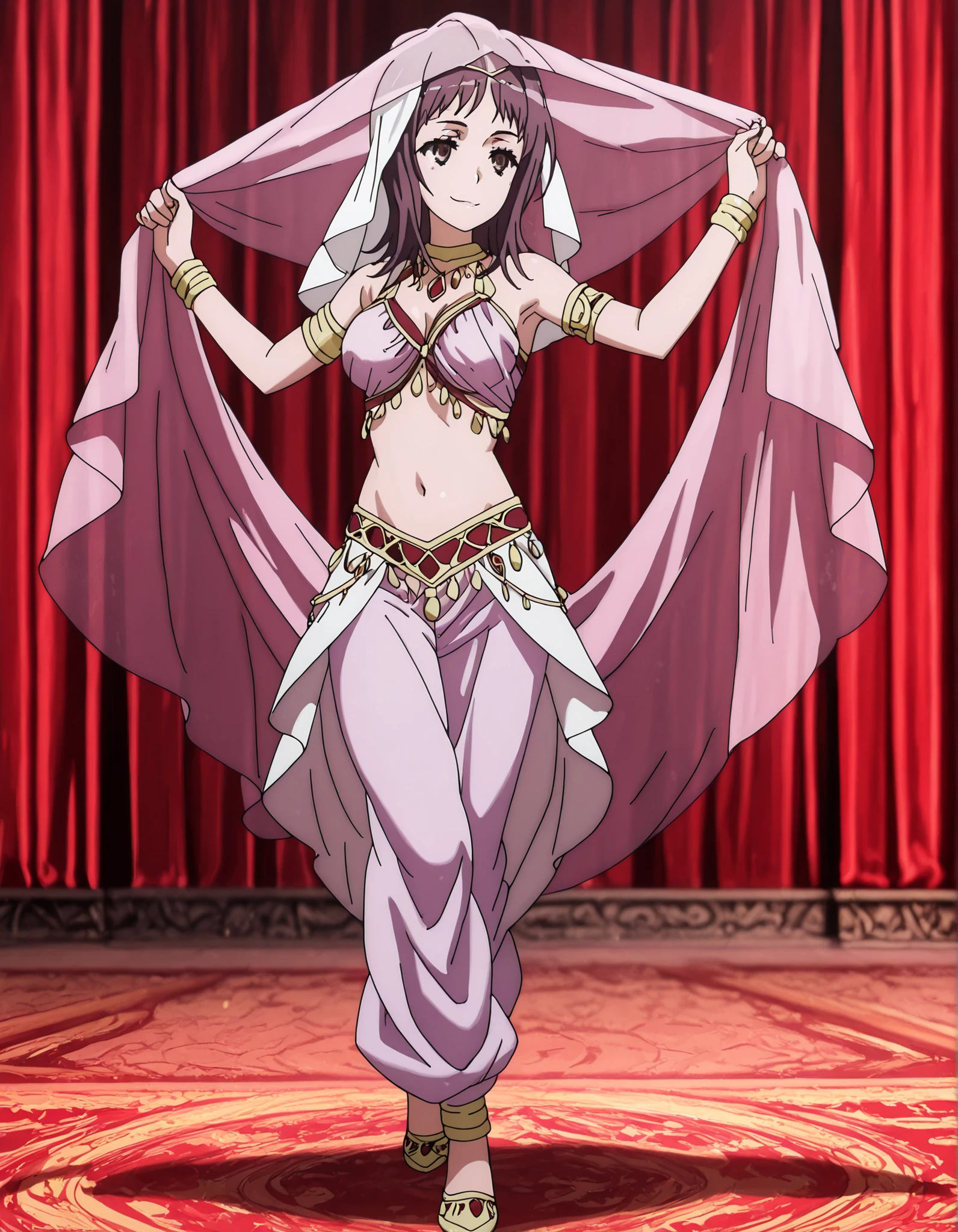 (1girl:1 . 5) , (Seul:1 . 5) , score_9 , score_8_haut , score_7_haut , source_anime , Official work  , ultra-detailed , masterpiece , better quality , high resolution , beaux yeux , detailed eyes , Detailed face , beautiful detailed eyes,1girl,short hair, brown hair, brown eyes,Toaru Kagaku no Railgun,Itsuwa,Arabian Clothes , Arabian Dancer Outfit ,belly dancer costume,belly dancer outfit ,full body,golden jewelery,armlet, belly dancing,arabian theater,seductive smile, dancing with veil, dynamic movement,dance posture, seductive pose