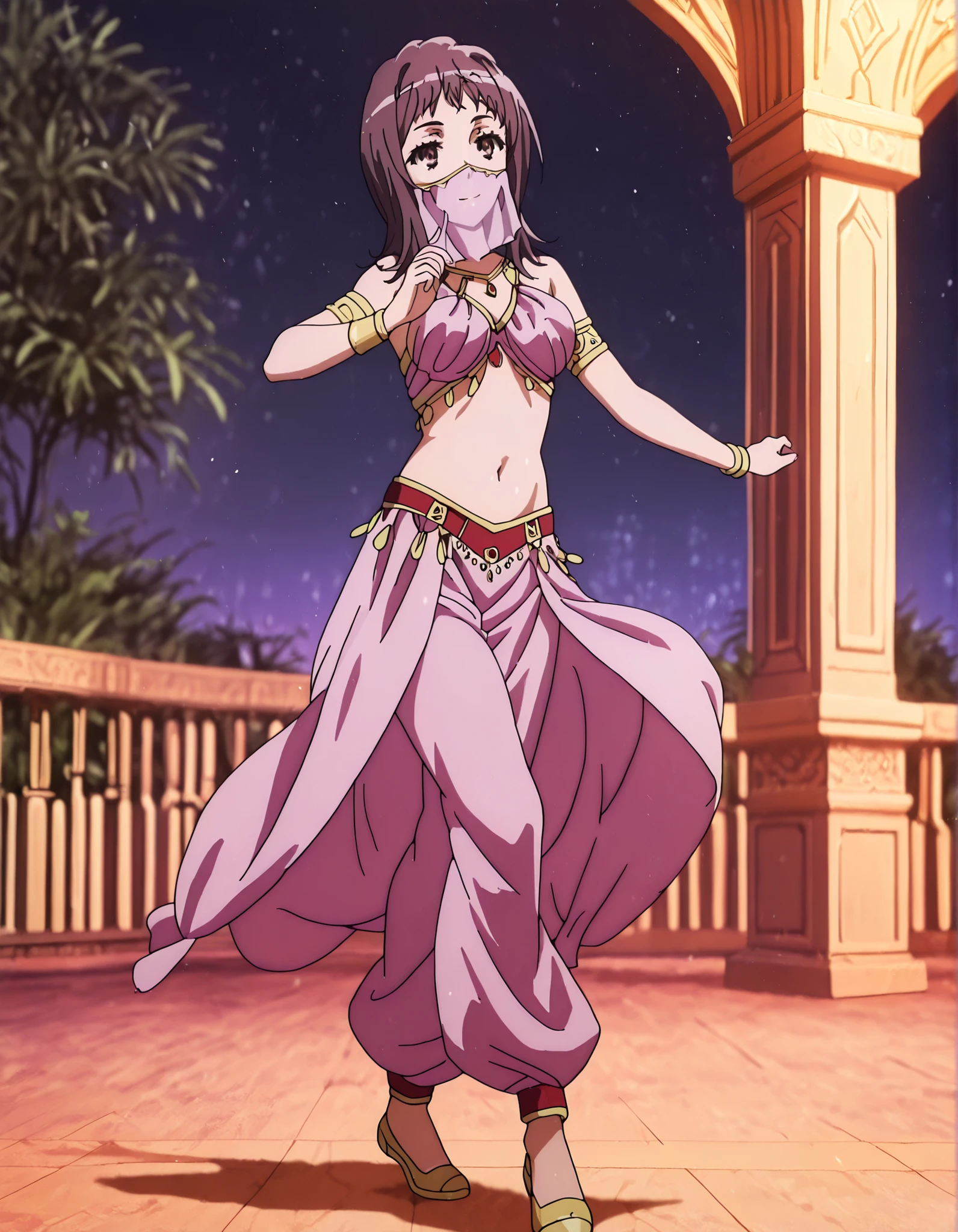 (1girl:1 . 5) , (Seul:1 . 5) , score_9 , score_8_haut , score_7_haut , source_anime , Official work  , ultra-detailed , masterpiece , better quality , high resolution , beaux yeux , detailed eyes , Detailed face , beautiful detailed eyes,1girl,short hair, brown hair, brown eyes,Toaru Kagaku no Railgun,Itsuwa,Arabian Clothes , Arabian Dancer Outfit ,belly dancer costume,belly dancer outfit ,full body,golden jewelery,mouth veil,armlet, belly dancing,night,arabian garden,seductive smile, dancing with veil, dynamic movement,dance posture, seductive pose