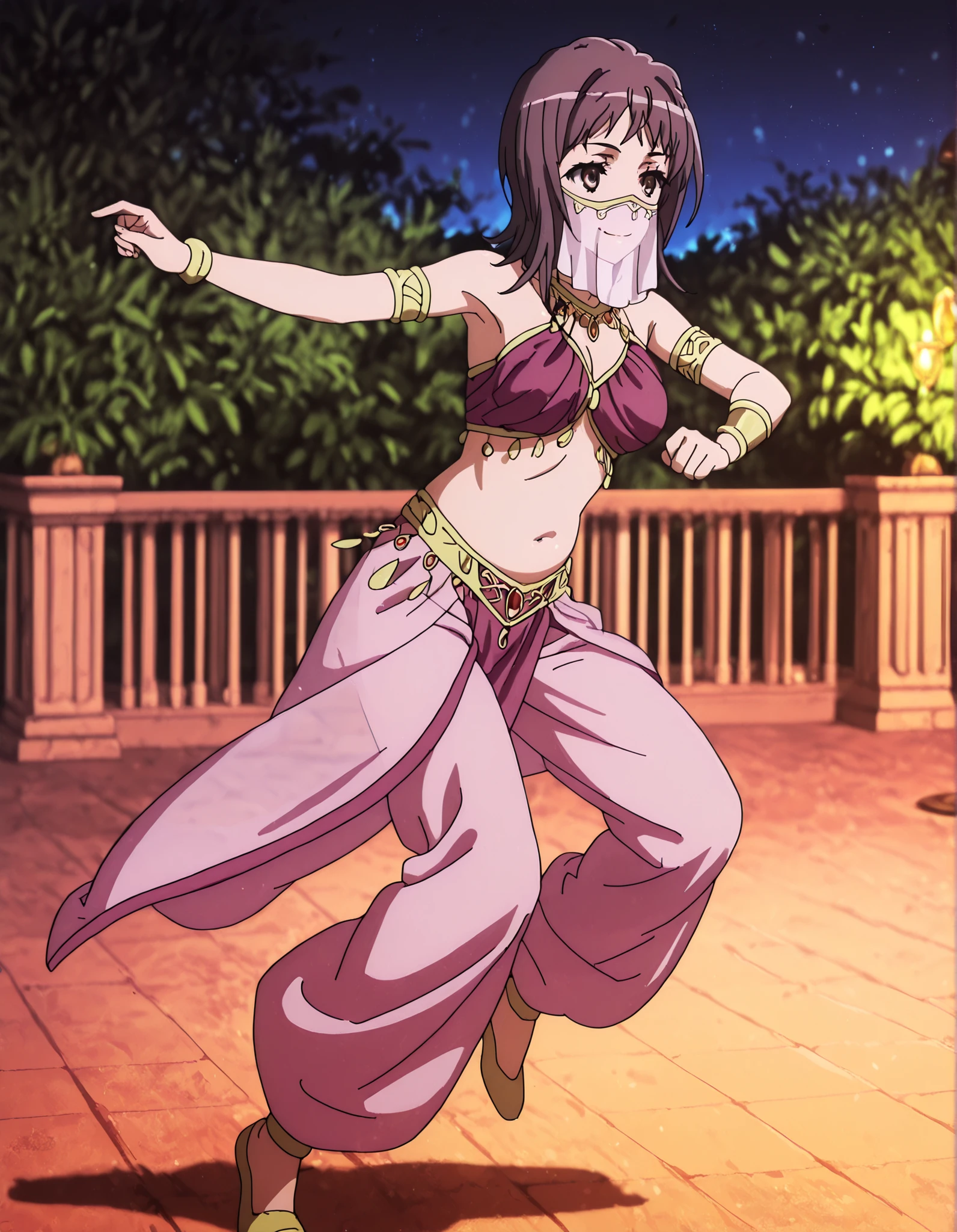 (1girl:1 . 5) , (Seul:1 . 5) , score_9 , score_8_haut , score_7_haut , source_anime , Official work  , ultra-detailed , masterpiece , better quality , high resolution , beaux yeux , detailed eyes , Detailed face , beautiful detailed eyes,1girl,short hair, brown hair, brown eyes,Toaru Kagaku no Railgun,Itsuwa,Arabian Clothes , Arabian Dancer Outfit ,belly dancer costume,belly dancer outfit ,full body,golden jewelery,mouth veil,armlet, belly dancing,night,arabian garden,seductive smile, dancing with veil, dynamic movement,dance posture, seductive pose