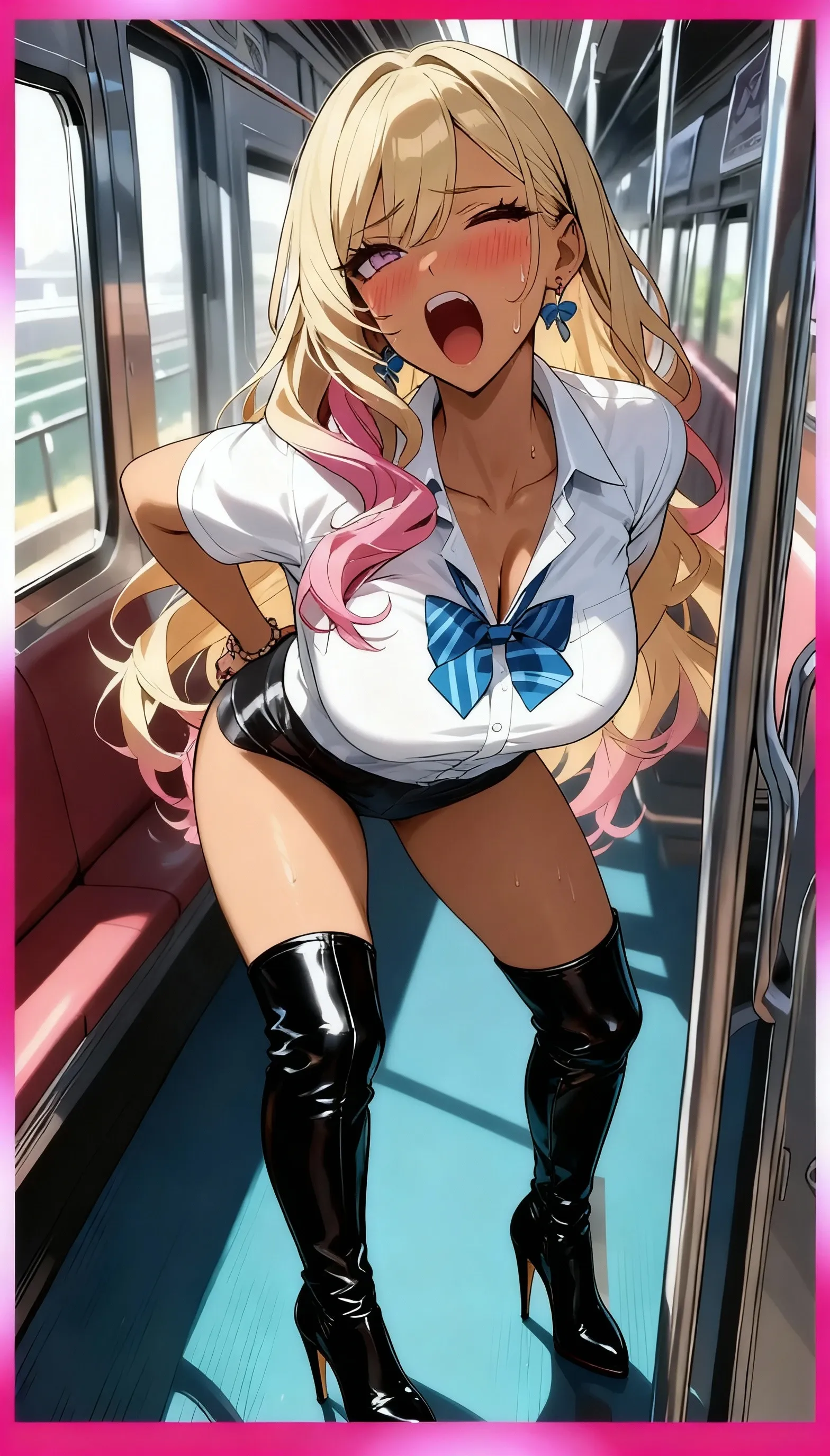 (nsfw),masterpiece,ultra detailed,sharp focus,high resolution,adult gyaru,realistic,realistic skin,(from below,upskirt:1.2),(lifting own black skirt),gigantic breasts,,(aroused and blushed:1.7),(off-the -shoulder blouse,necklace),(blonde hair,short straight hair),(sweaty:1.2),(tanned skin:1.5),grinning,(trembling:1.5),drooling,heart pupils,standing in train,skirt lifted,(pubic hair),naughty micro undies