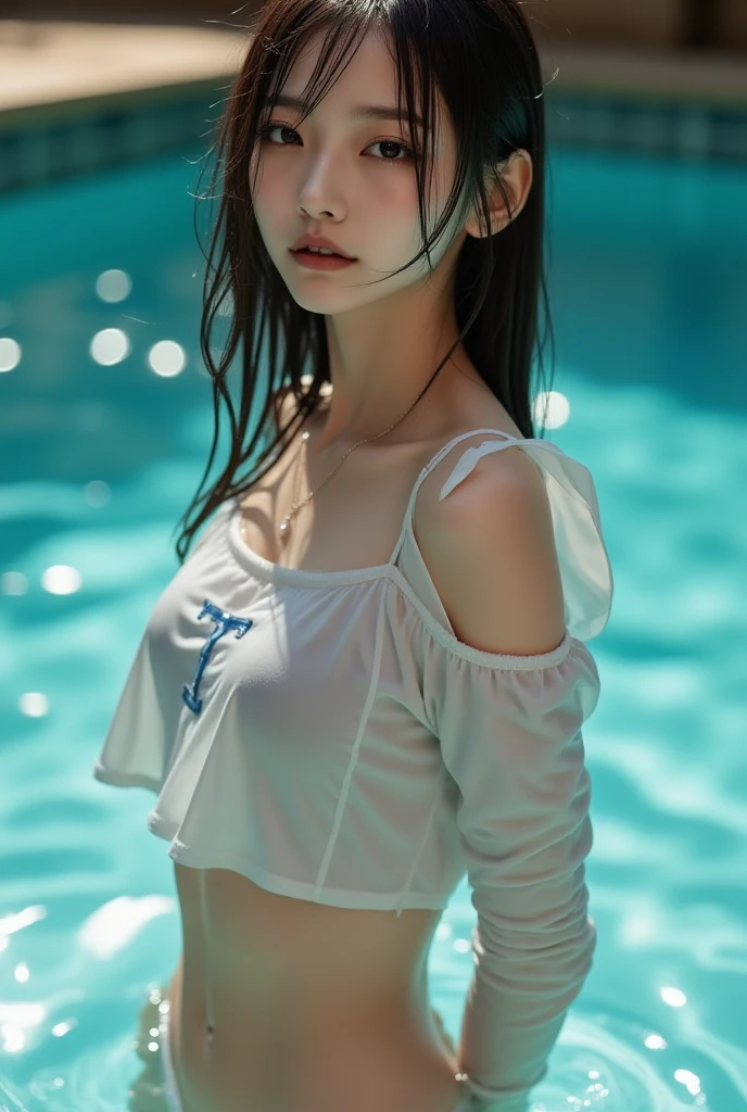 8k RAW photos、、Ultra HD、High resolution、 enhancement、Abdominal muscles、rib、Light blonde hair、A very short and tight sports 、Skirt、Night School Poolside、Poolside bench at night、Cute Japanese 22 year old、Round face、Very thin lips、Very large round 、Voluminous 、Beautifully drawn eyes in every detail、Long eyelashes、Beautiful double eyelids、Three white eyes、Duck mouth、Blunt bangs、Bowl Cut、Earrings、necklace、Random  expressions