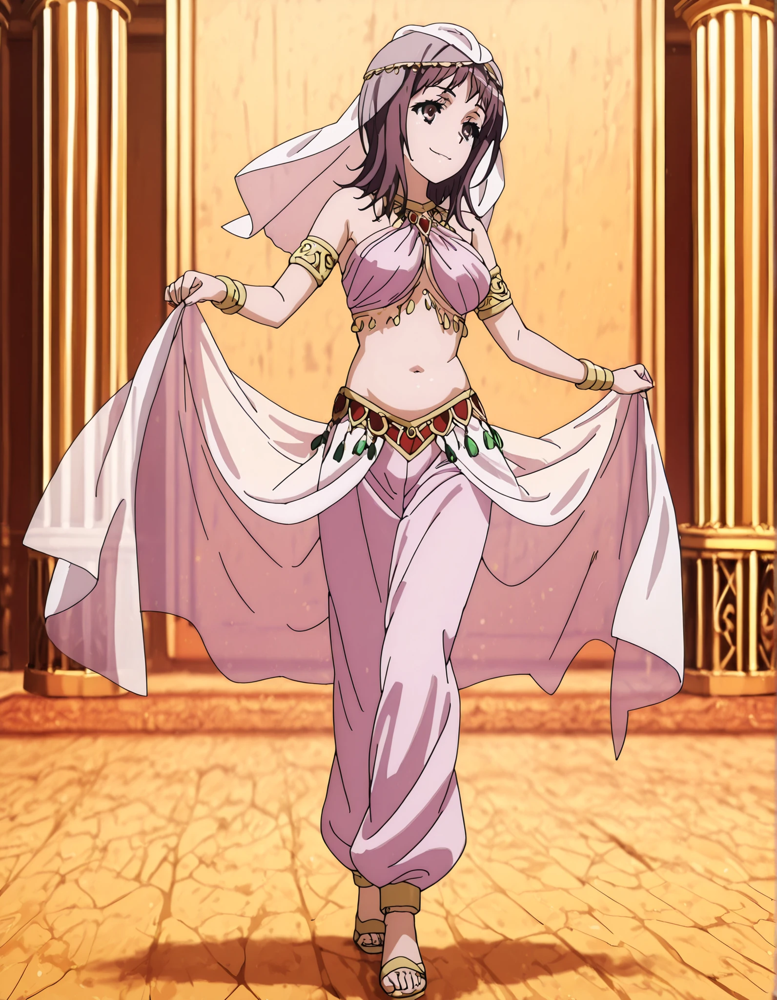 (1girl:1 . 5) , (Seul:1 . 5) , score_9 , score_8_haut , score_7_haut , source_anime , Official work  , ultra-detailed , masterpiece , better quality , high resolution , beaux yeux , detailed eyes , Detailed face , beautiful detailed eyes,1girl,short hair, brown hair, brown eyes,Toaru Kagaku no Railgun,Itsuwa,Arabian Clothes , Arabian Dancer Outfit ,belly dancer costume,belly dancer outfit ,full body,golden jewelery,armlet, belly dancing,arabian garden,seductive smile, dancing with veil, dynamic movement,dance posture, seductive pose