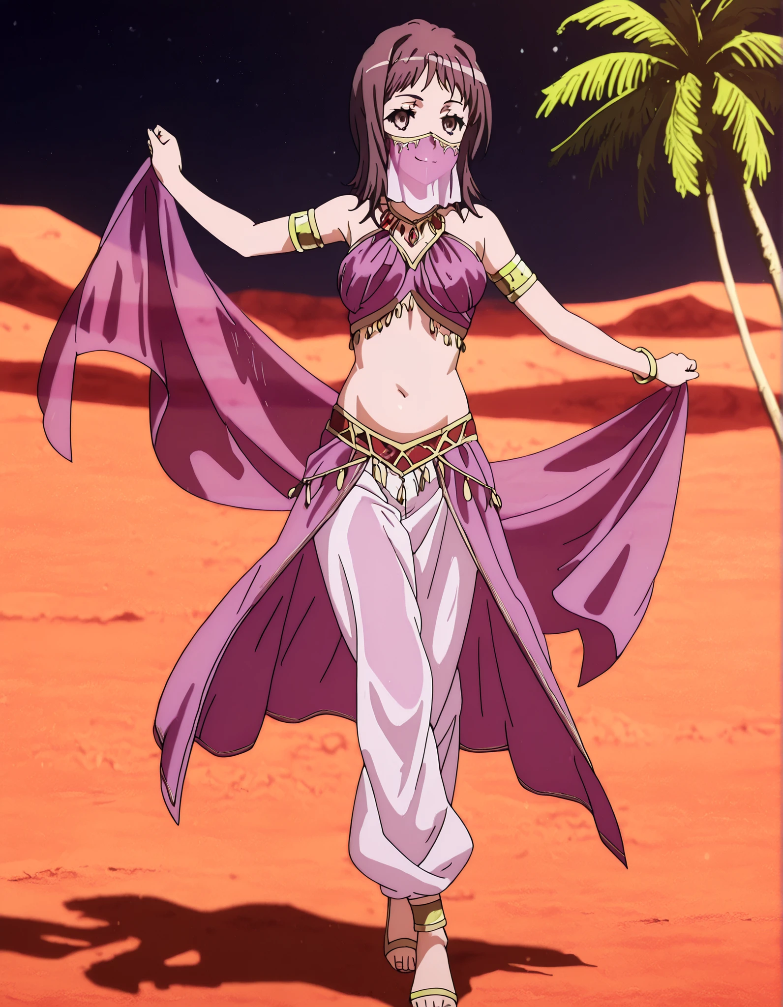 (1girl:1 . 5) , (Seul:1 . 5) , score_9 , score_8_haut , score_7_haut , source_anime , Official work  , ultra-detailed , masterpiece , better quality , high resolution , beaux yeux , detailed eyes , Detailed face , beautiful detailed eyes,1girl,short hair, brown hair, brown eyes,Toaru Kagaku no Railgun,Itsuwa,Arabian Clothes , Arabian Dancer Outfit ,belly dancer costume,belly dancer outfit ,full body,golden jewelery,mouth veil,armlet, belly dancing,night,desert lands,palm tree,seductive smile, dancing with veil, dynamic movement,dance posture, seductive pose