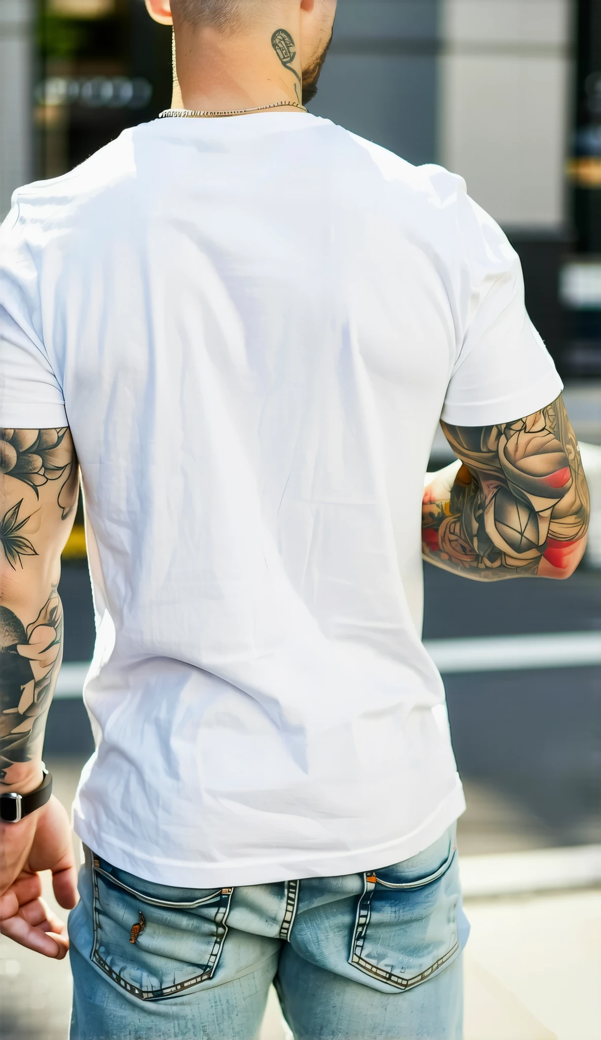 Realistic photo from behind of a young fair-skinned athletic man with tattoos on both arms, wearing a plain white t-shirt and casual jeans. The person is adjusting his watch or holding his phone while standing, everyday natural posture, realistic daylight, street background with soft bokeh, cinematic 8K photography, ultra-detailed textures and skin tone.