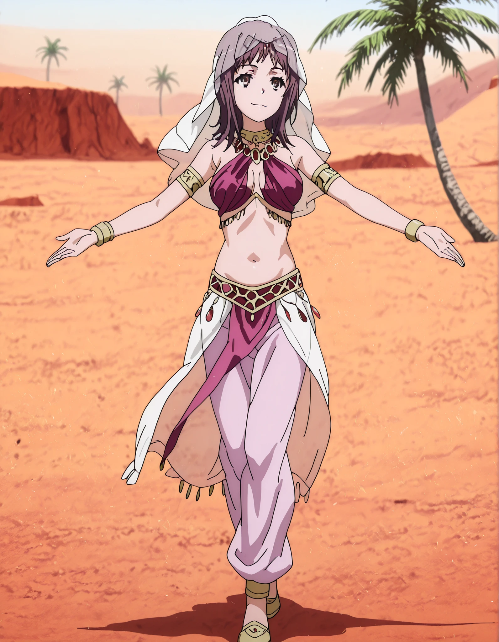 (1girl:1 . 5) , (Seul:1 . 5) , score_9 , score_8_haut , score_7_haut , source_anime , Official work  , ultra-detailed , masterpiece , better quality , high resolution , beaux yeux , detailed eyes , Detailed face , beautiful detailed eyes,1girl,short hair, brown hair, brown eyes,Toaru Kagaku no Railgun,Itsuwa,Arabian Clothes , Arabian Dancer Outfit ,belly dancer costume,belly dancer outfit ,full body,golden jewelery,armlet, belly dancing,desert lands,palm tree,seductive smile, dancing with veil, dynamic movement,dance posture, seductive pose