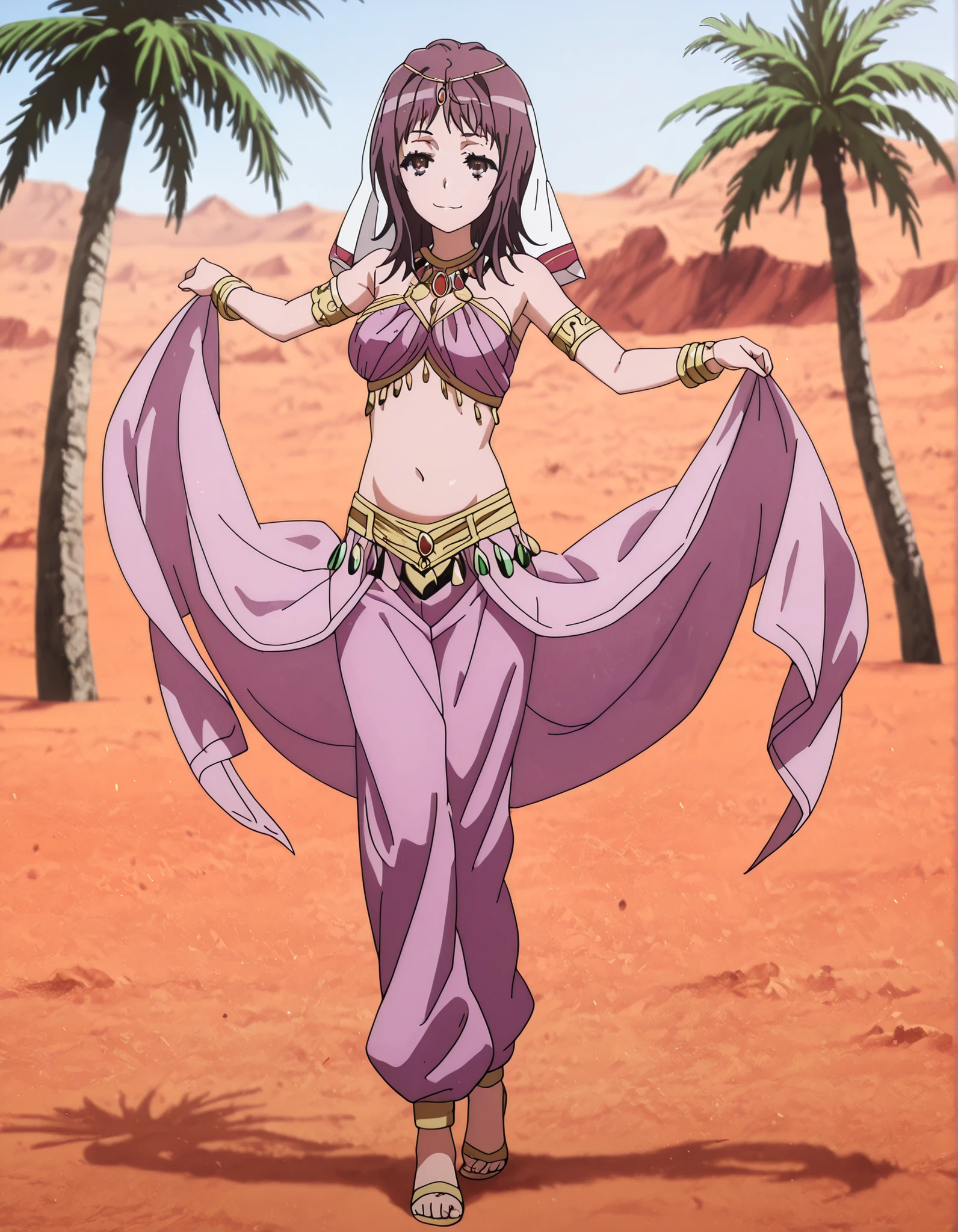 (1girl:1 . 5) , (Seul:1 . 5) , score_9 , score_8_haut , score_7_haut , source_anime , Official work  , ultra-detailed , masterpiece , better quality , high resolution , beaux yeux , detailed eyes , Detailed face , beautiful detailed eyes,1girl,short hair, brown hair, brown eyes,Toaru Kagaku no Railgun,Itsuwa,Arabian Clothes , Arabian Dancer Outfit ,belly dancer costume,belly dancer outfit ,full body,golden jewelery,armlet, belly dancing,desert lands,palm tree,seductive smile, dancing with veil, dynamic movement,dance posture, seductive pose