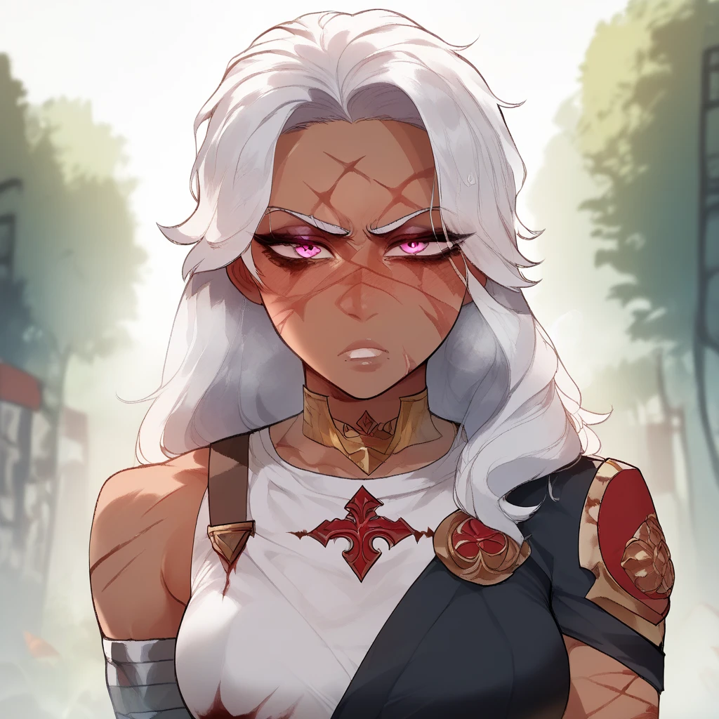 Pale skinned woman with burn scars on her left arm and below her left eye with silver hair, , big hips and silver colored eyes. In an epic pose