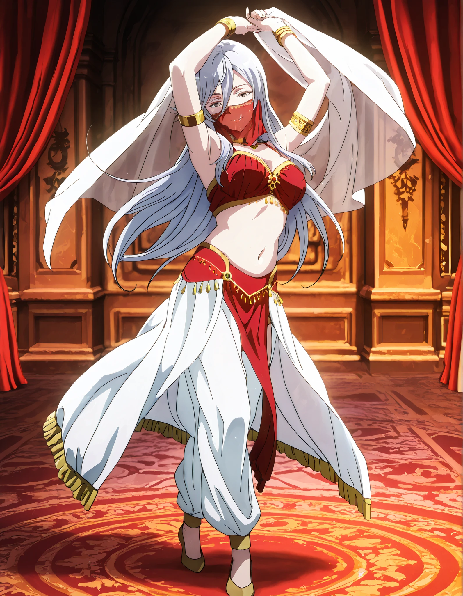 (1girl:1 . 5) , (Seul:1 . 5) , score_9 , score_8_haut , score_7_haut , source_anime , Official work , ultra-detailed , masterpiece , better quality , high resolution , beaux yeux , detailed eyes , Detailed face , beautiful detailed eyes,1girl,very long hair, grey eyes, hair between eyes, bangs, grey hair,86 -Eighty Six-,Vladilena Milize,Arabian Clothes , Arabian Dancer Outfit ,belly dancer costume,belly dancer outfit ,full body,golden jewelery,mouth veil,armlet, belly dancing,arabian theater,seductive smile, dancing with veil, dynamic movement,dance posture, pose