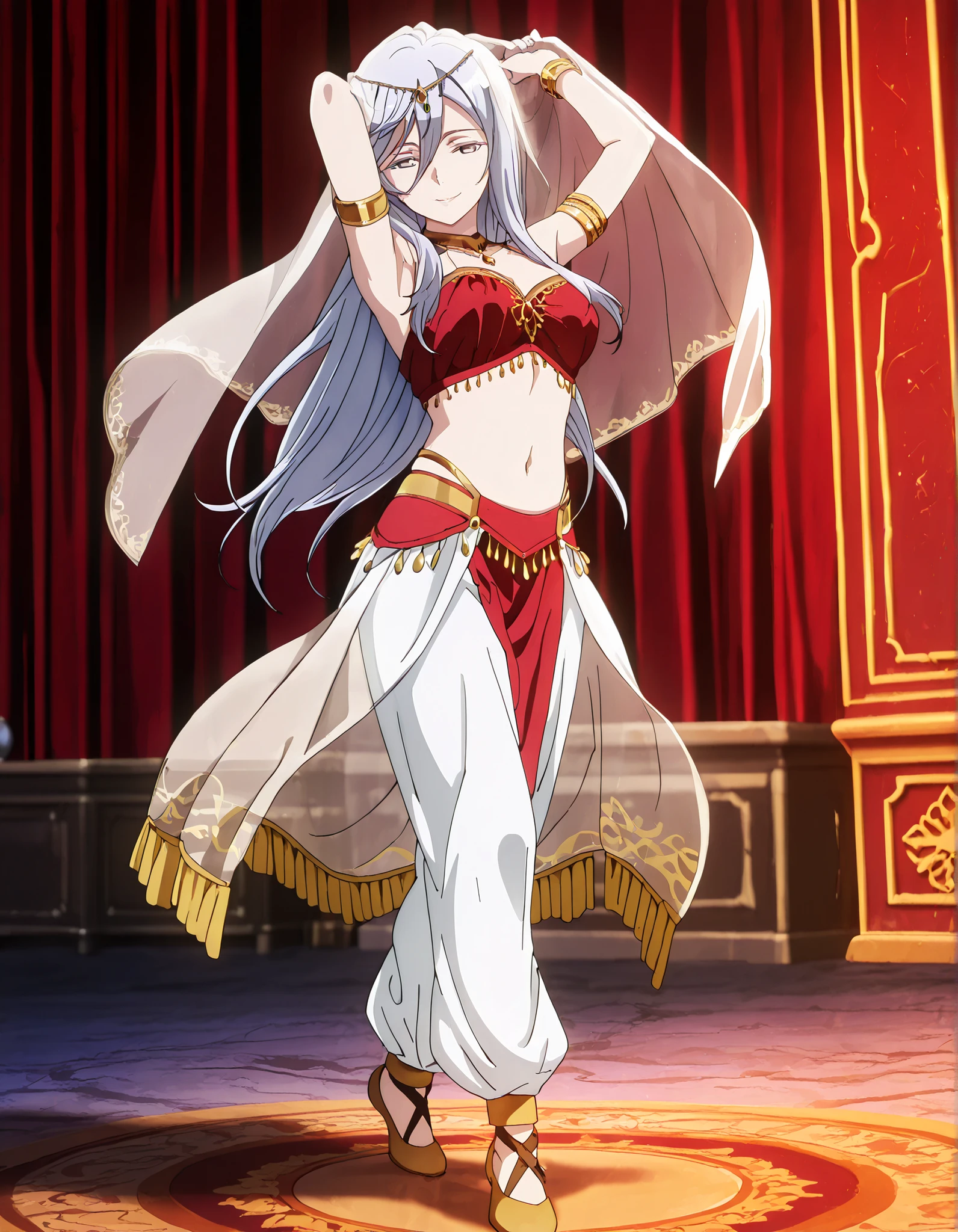 (1girl:1 . 5) , (Seul:1 . 5) , score_9 , score_8_haut , score_7_haut , source_anime , Official work , ultra-detailed , masterpiece , better quality , high resolution , beaux yeux , detailed eyes , Detailed face , beautiful detailed eyes,1girl,very long hair, grey eyes, hair between eyes, bangs, grey hair,86 -Eighty Six-,Vladilena Milize,Arabian Clothes , Arabian Dancer Outfit ,belly dancer costume,belly dancer outfit ,full body,golden jewelery,armlet, belly dancing,arabian theater,seductive smile, dancing with veil, dynamic movement,dance posture, pose