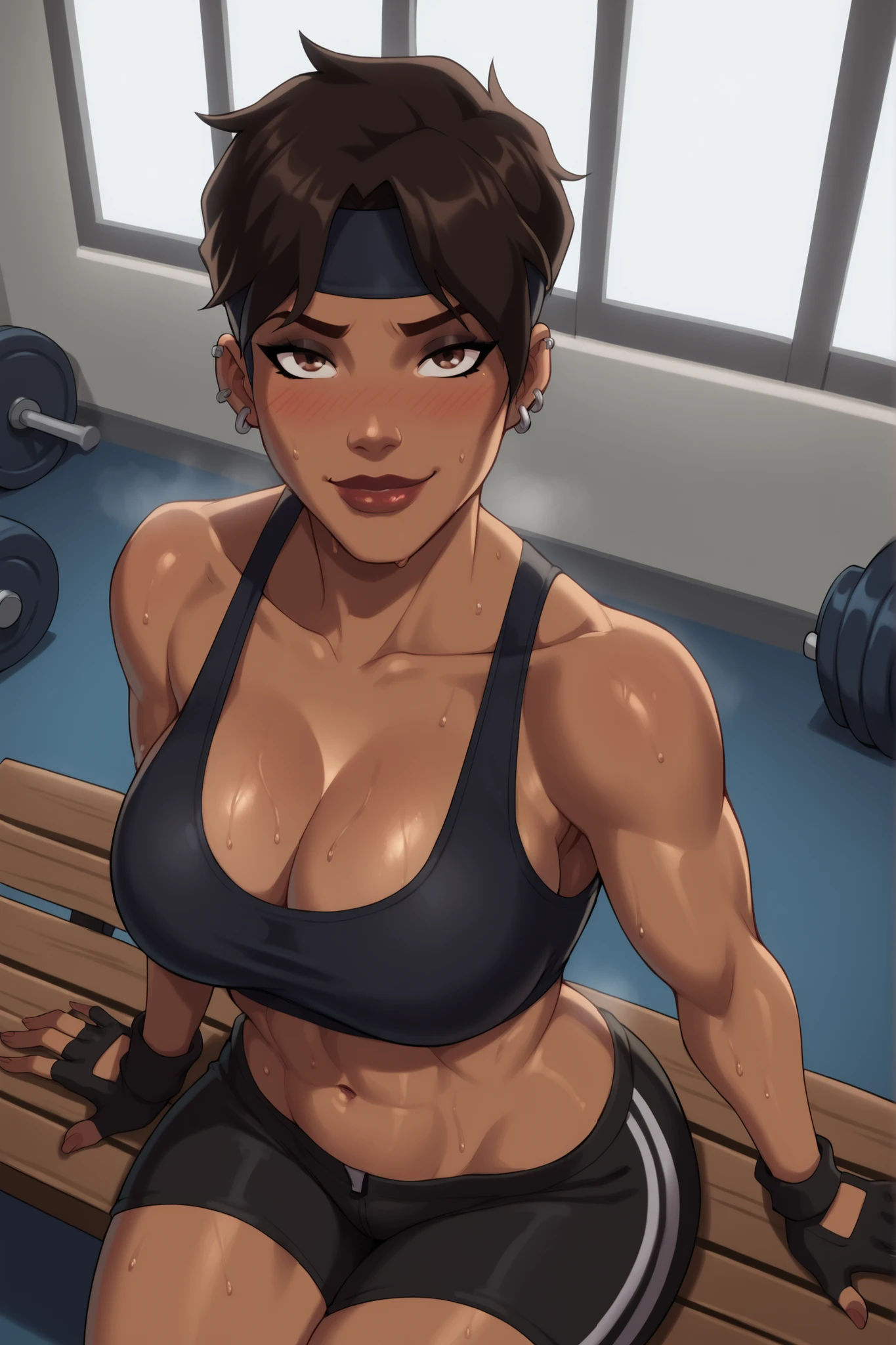 BREAK, score_6_up, score_9, score_8_up, score_7_up, high quality, masterpiece, Rocket, 1girl, solo, 2d, dark-skinned female, short hair, brown eyes, headband, piercing, earring, mask, lipstick, makeup, , cleavage, curvy, athletic, looking at viewer, seducing viewer, teasing viewer, smile, closed mouth, expression, bedroom eyes, busty, black sports bra, black gym shorts, black fingerless gloves, shoulders, sitting on bench, gym, indoors, high-angle view, black eyeshadow, closeup, portrait, upper body, thick thighs, wide , sweaty, sweat drops, blushing