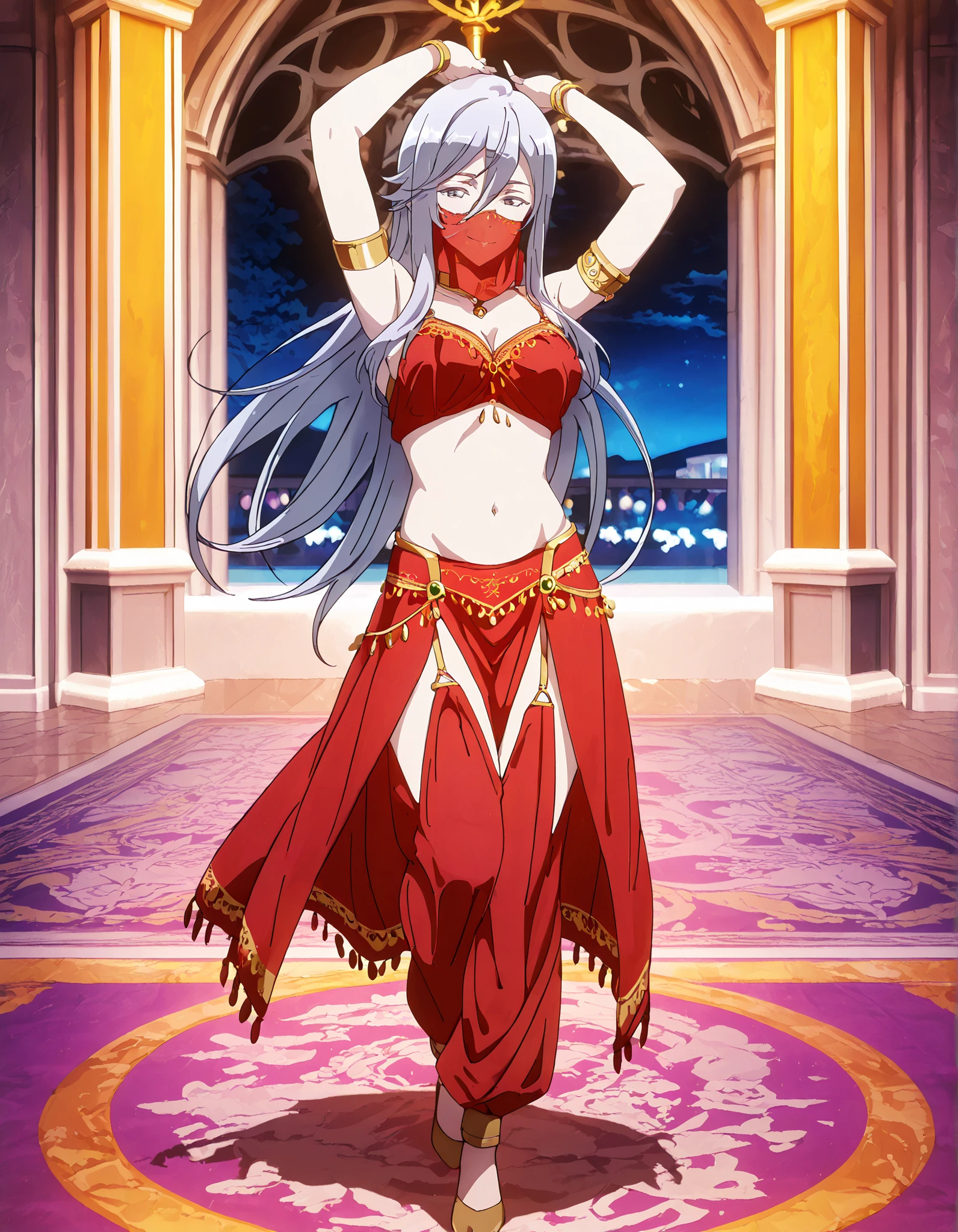 (1girl:1 . 5) , (Seul:1 . 5) , score_9 , score_8_haut , score_7_haut , source_anime , Official work , ultra-detailed , masterpiece , better quality , high resolution , beaux yeux , detailed eyes , Detailed face , beautiful detailed eyes,1girl,very long hair, grey eyes, hair between eyes, bangs, grey hair,86 -Eighty Six-,Vladilena Milize,Arabian Clothes , Arabian Dancer Outfit ,belly dancer costume,belly dancer outfit ,full body,golden jewelery,mouth veil,armlet, belly dancing,night,arabian garden,seductive smile, dancing with veil, dynamic movement,dance posture, pose