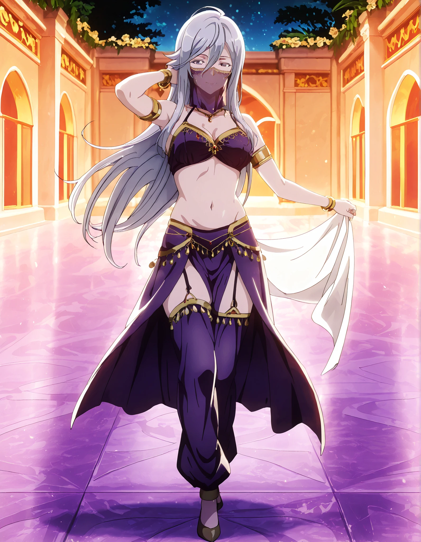 (1girl:1 . 5) , (Seul:1 . 5) , score_9 , score_8_haut , score_7_haut , source_anime , Official work , ultra-detailed , masterpiece , better quality , high resolution , beaux yeux , detailed eyes , Detailed face , beautiful detailed eyes,1girl,very long hair, grey eyes, hair between eyes, bangs, grey hair,86 -Eighty Six-,Vladilena Milize,Arabian Clothes , Arabian Dancer Outfit ,belly dancer costume,belly dancer outfit ,full body,golden jewelery,mouth veil,armlet, belly dancing,night,arabian garden,seductive smile, dancing with veil, dynamic movement,dance posture, pose