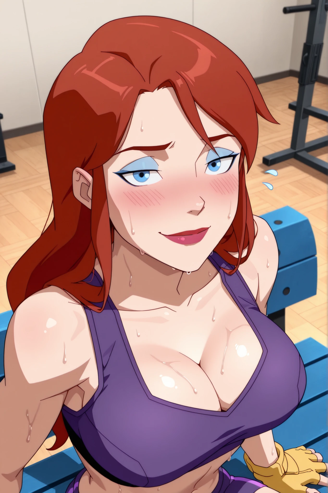 BREAK, score_6_up, score_7_up, score_8_up, score_9, 1girl, solo, b4rb4r4-b4t, blue eyes, long hair, red hair, brown hair, lipstick, makeup, large breasts, busty, cleavage, curvy, athletic, looking at viewer, seducing viewer, teasing viewer, seductive expression, smiling, closed mouth, bedroom eyes, purple sports bra, purple gym shorts, yellow fingerless gloves, indoors, gym, sitting on bench, closeup, portrait, upper body, high-angle view, blue eyeshadow, sweaty, sweat drops, blushing